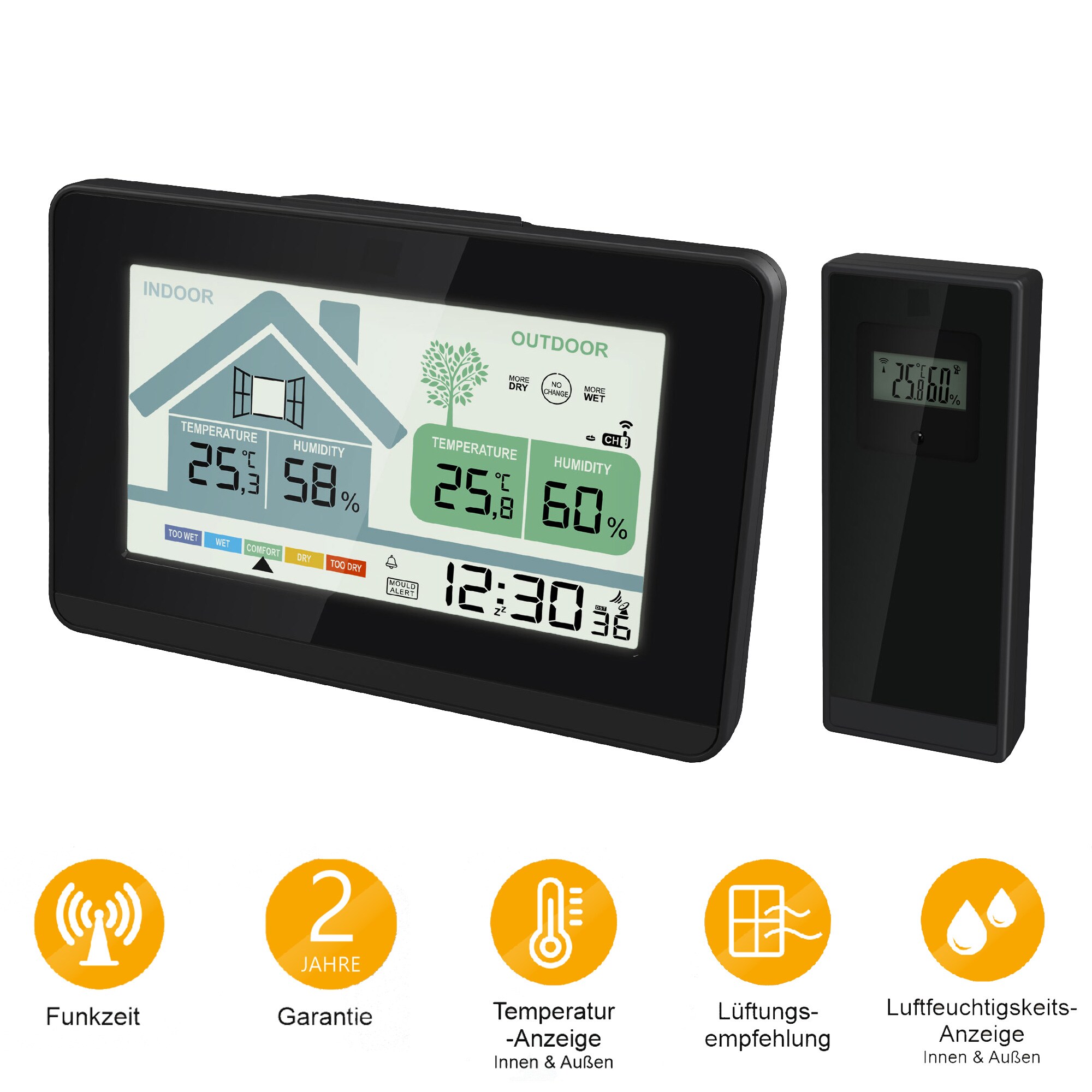 Miraval  Funk-Wetterstation mit L&uuml;ftungsempfehlung 1x Sensor LCD Farb Display Funk-Wetterstation mit Datumsanzeige - Bild 1