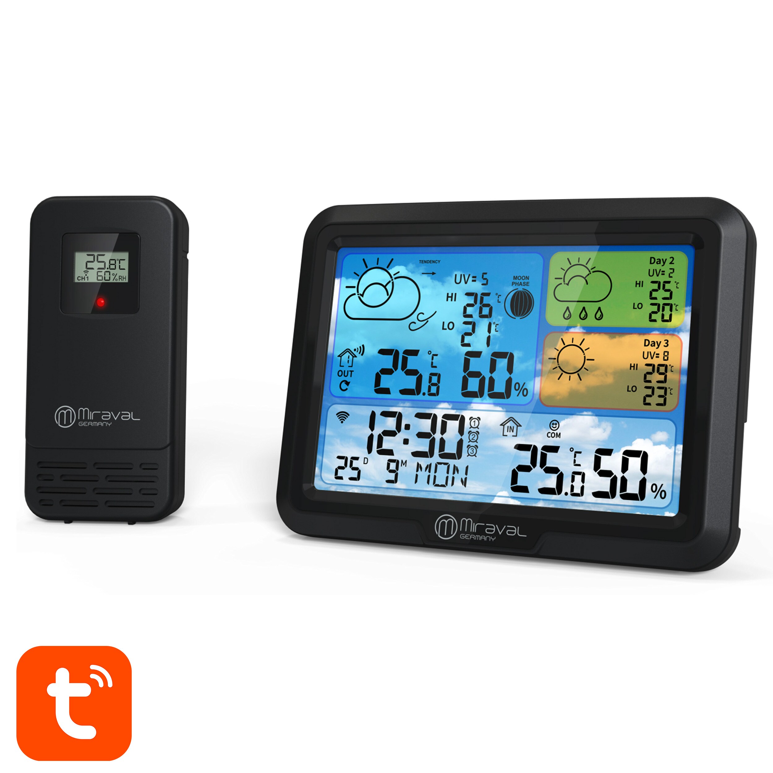 Miraval  W-LAN Design Wetterstation mit TUYA-App 1x Sensor Smart-Home Wettervorhersage Mondphase UV-Index Komfortanzeige - Bild 1