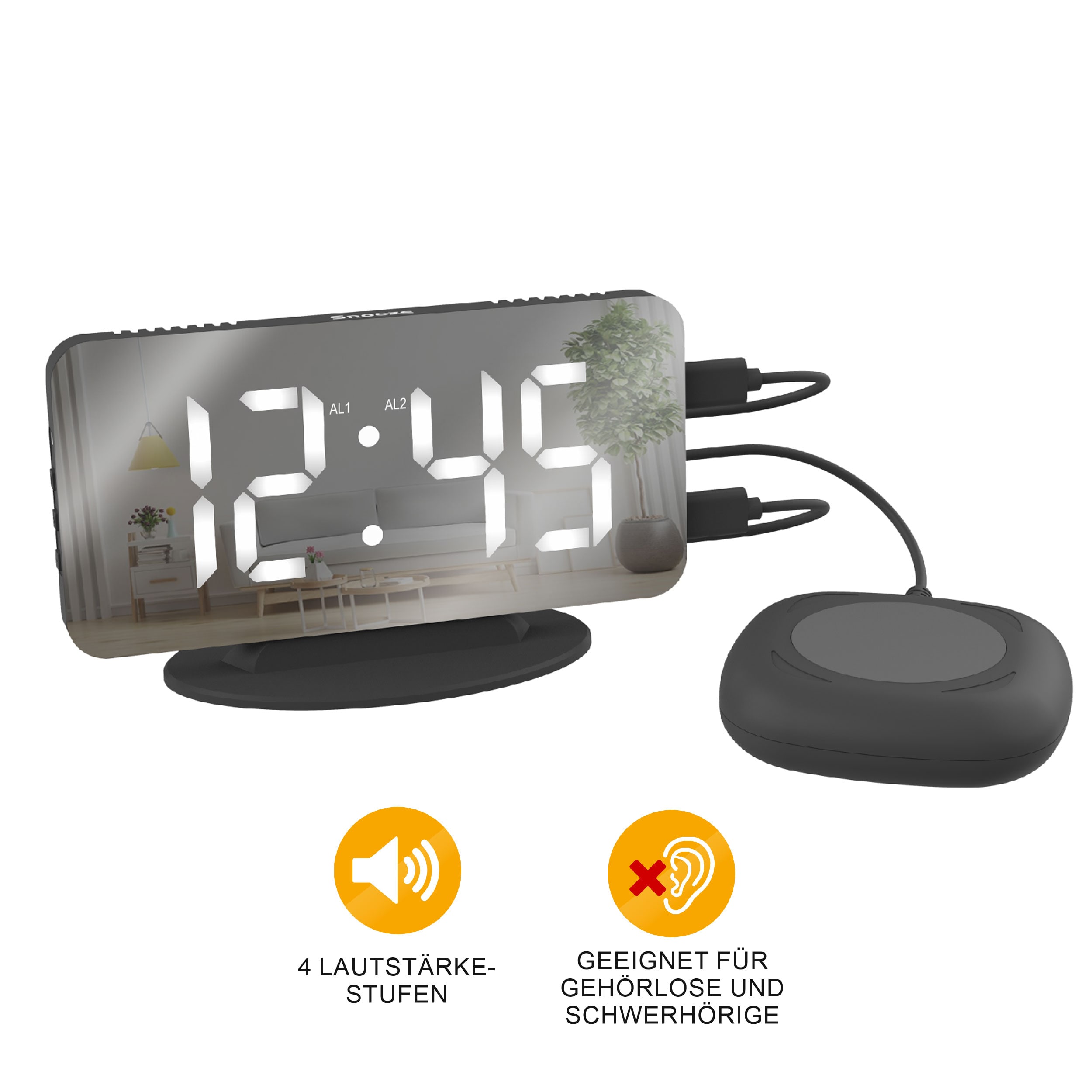 Miraval  Miraval Spiegelwecker mit Vibrationskissen &ndash; 3 Weckmodi, 110 dB, 2x USB-C, 7 Helligkeitsstufen, Snooze-Funktion & lautloses Uhrwerk - Bild 1