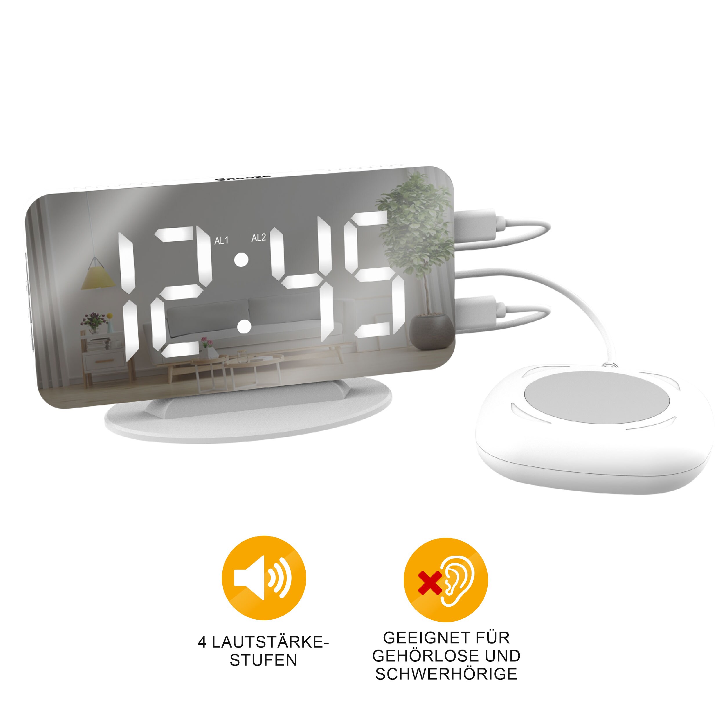 Miraval  Miraval Spiegelwecker mit Vibrationskissen &ndash; 3 Weckmodi, 110 dB, 2x USB-C, 7 Helligkeitsstufen, Snooze-Funktion & lautloses Uhrwerk - Bild 1