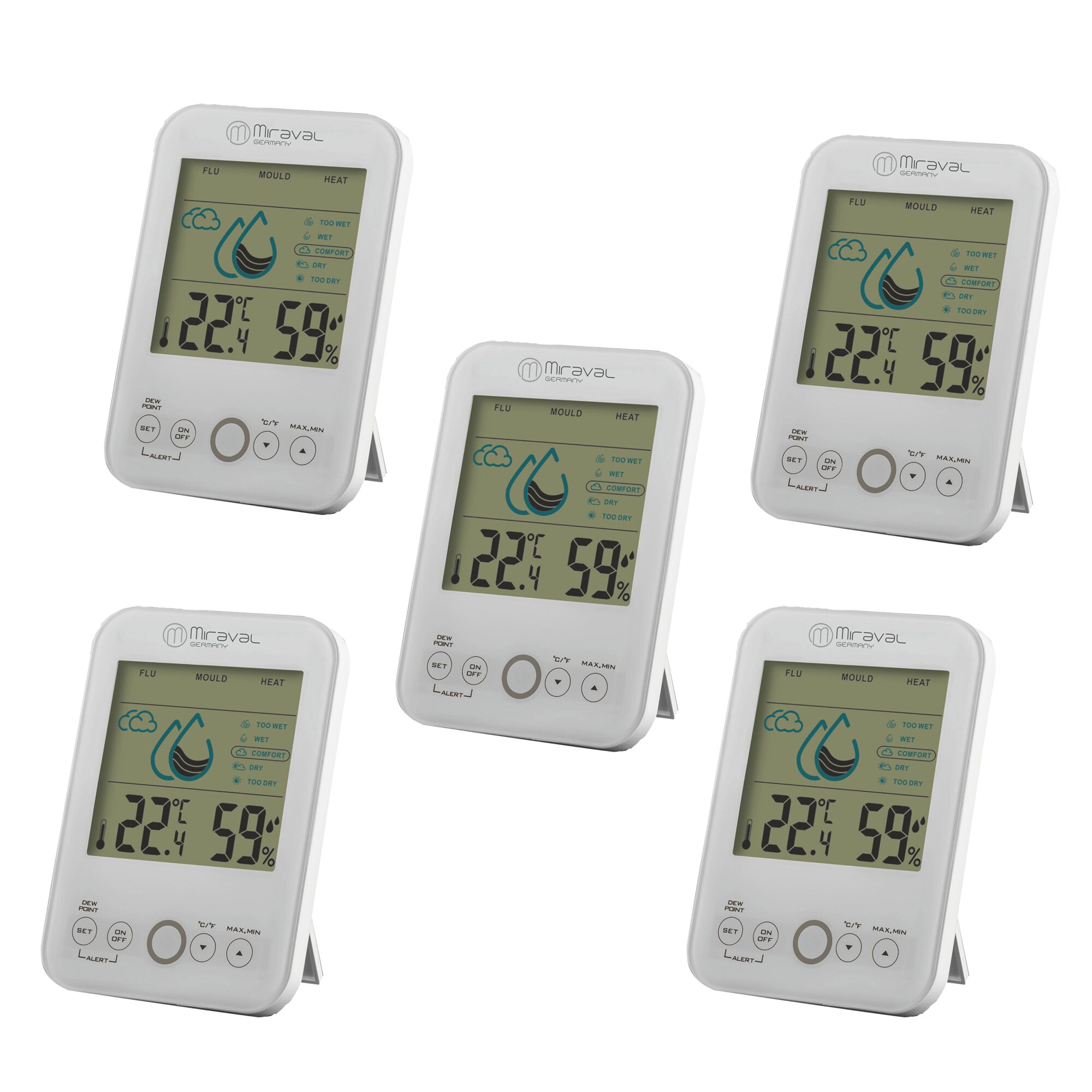Miraval  5x Raumklimastation Schimmelwarner 5 Stufen L&uuml;ftungsempfehlung Hygrometer Temperaturstation - Bild 1