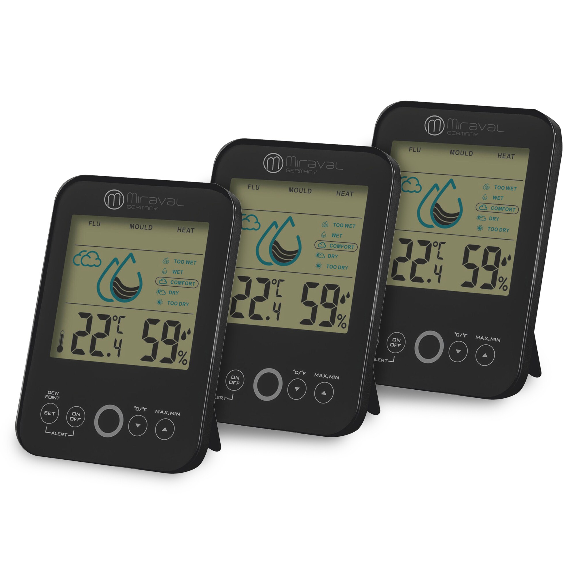 Miraval  3x Raumklimastation Schimmelwarner 5 Stufen L&uuml;ftungsempfehlung Hygrometer Temperaturstation - Bild 1