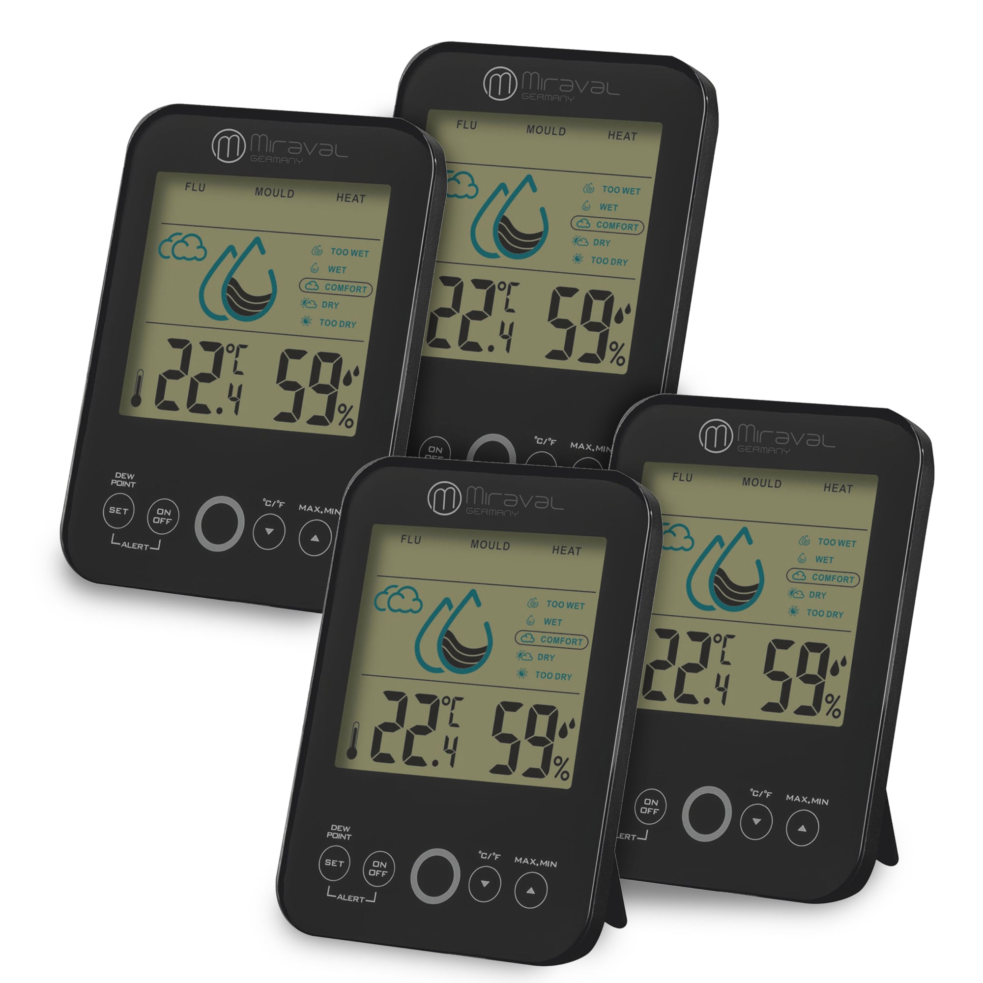 Miraval  4x Raumklimastation Schimmelwarner 5 Stufen L&uuml;ftungsempfehlung Hygrometer Temperaturstation - Bild 1