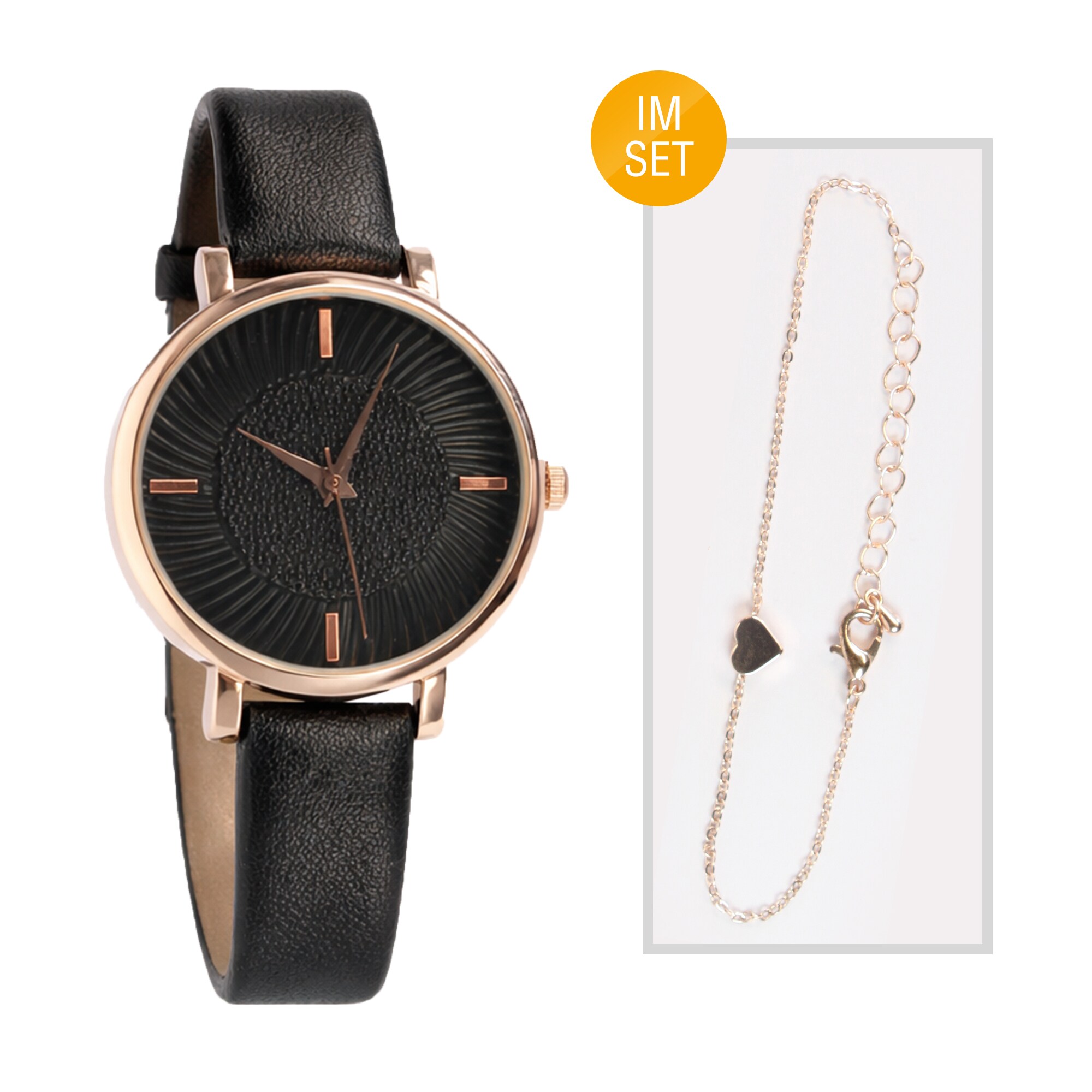 SONSTIGE  Damen Armbanduhr Schwarz mit Schmuckarmband &ndash; Ros&eacute;goldenes Edelstahlgeh&auml;use, Analog Quarz &Oslash; 36 mm, Batterie inkl. - Bild 1