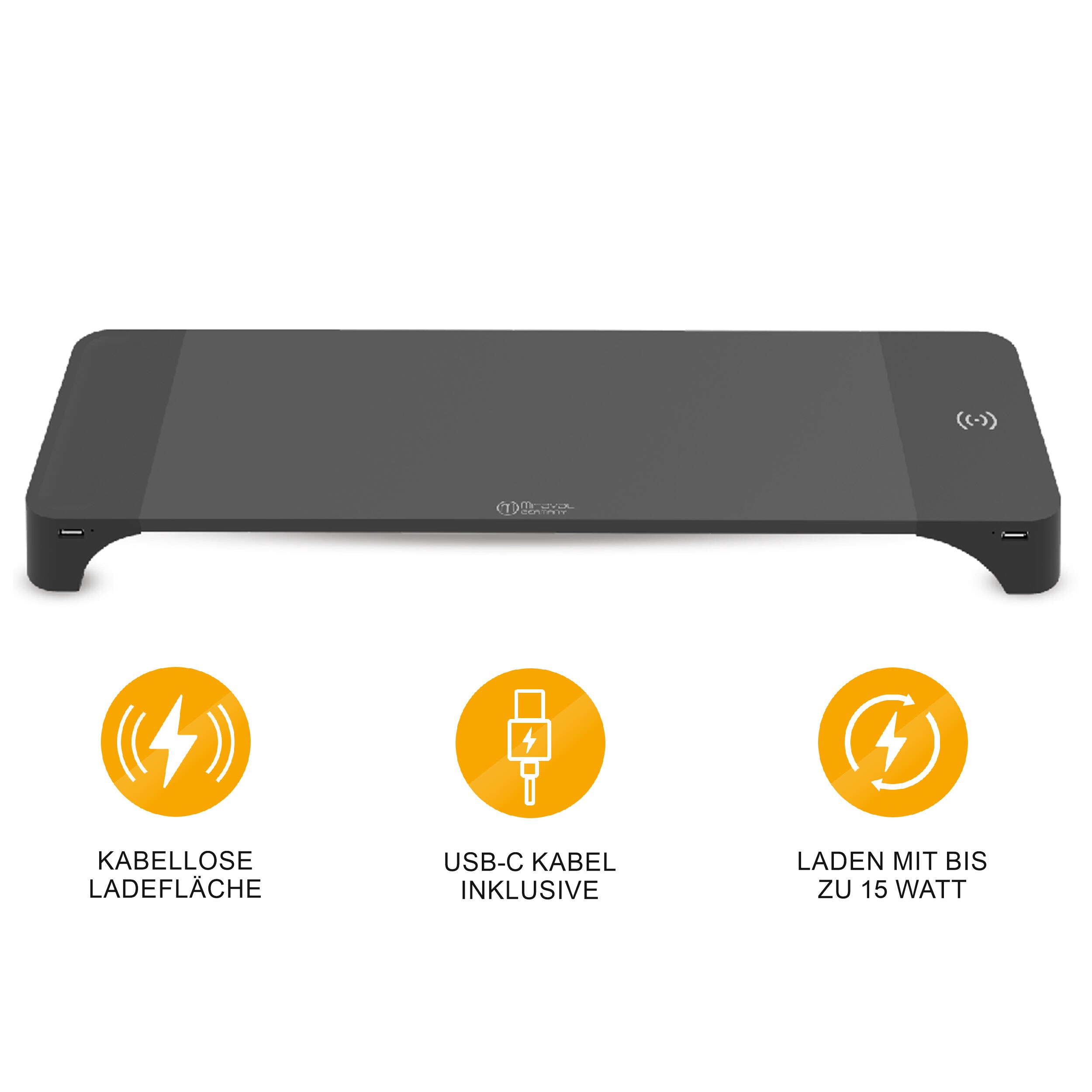 Miraval  Miraval Monitor-St&auml;nder mit kabelloser Ladefl&auml;che, 2&times; USB-A + USB-C, Schwarz, 15 W - Bild 1