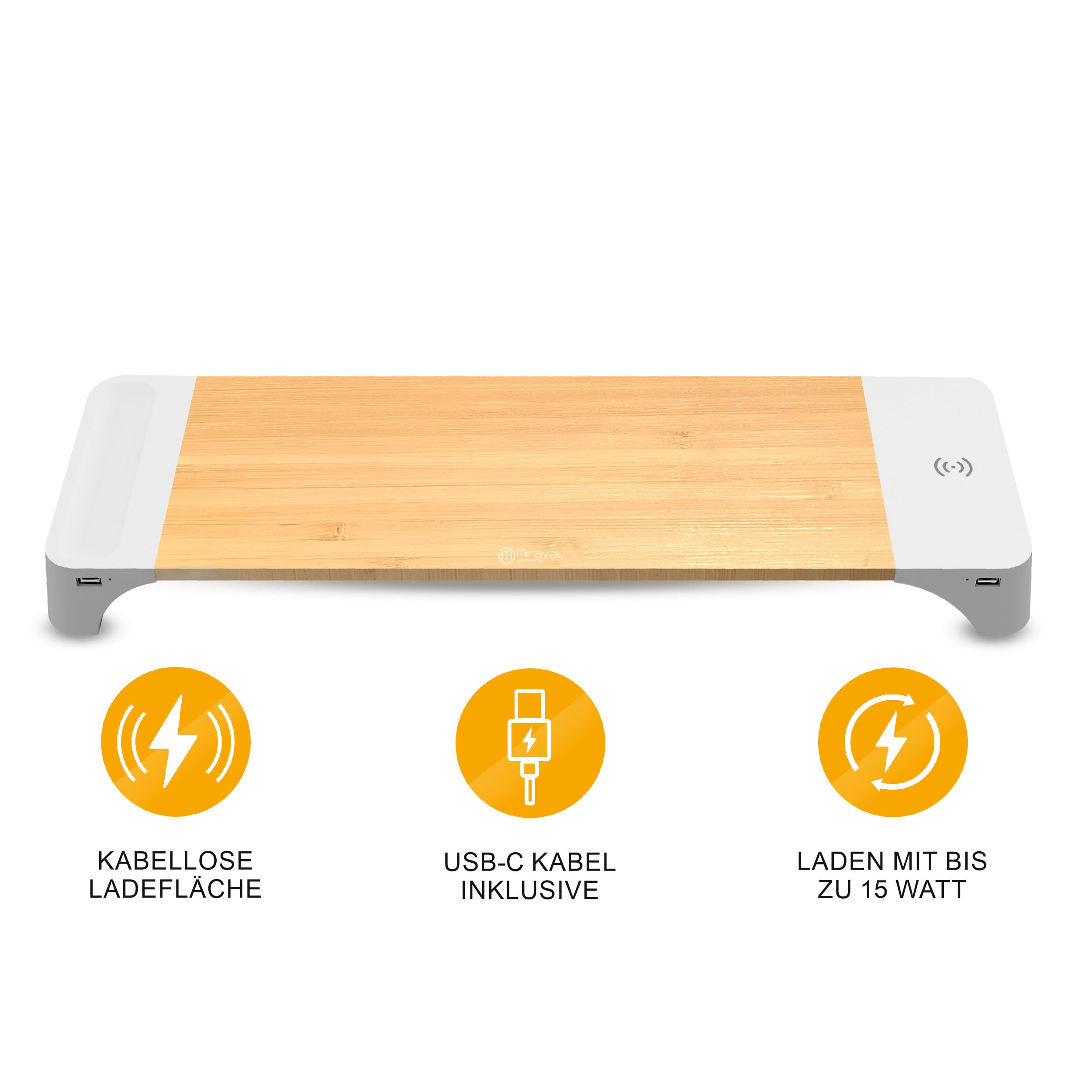 Miraval  Miraval Monitor-St&auml;nder mit kabelloser Ladefl&auml;che, 2&times; USB-A + USB-C, Schwarz, 15 W - Bild 1