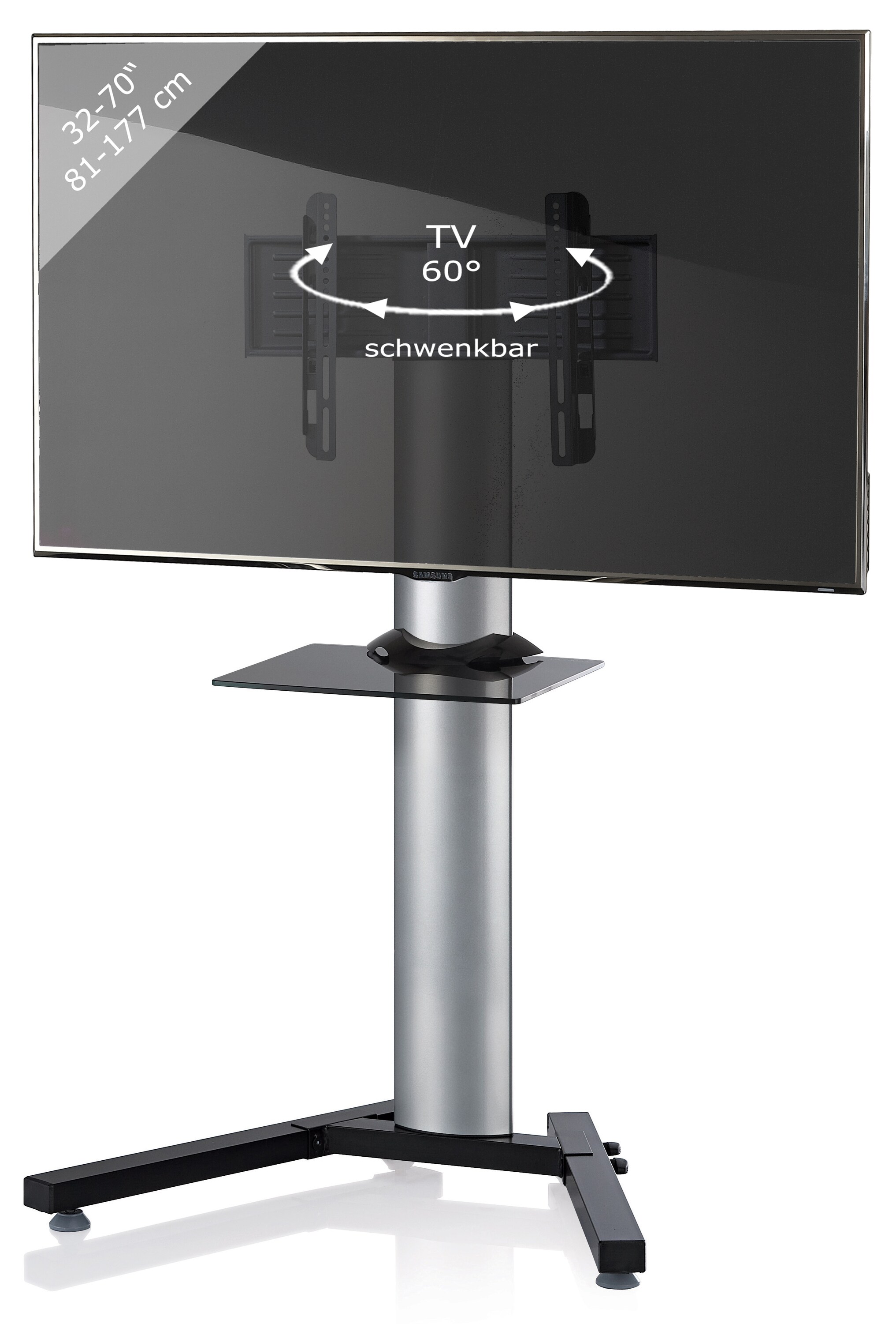 VCM TV Standfu&szlig; mit Zwischenboden 26-70 Zoll | VESA bis max. 600x400 | Fernseh St&auml;nder aus Alu | TV St&auml;nder Ma&szlig;e ca. H. 125 x B. 90 x T. 72 cm | Fernsehstand Stadino Mini - Bild 1