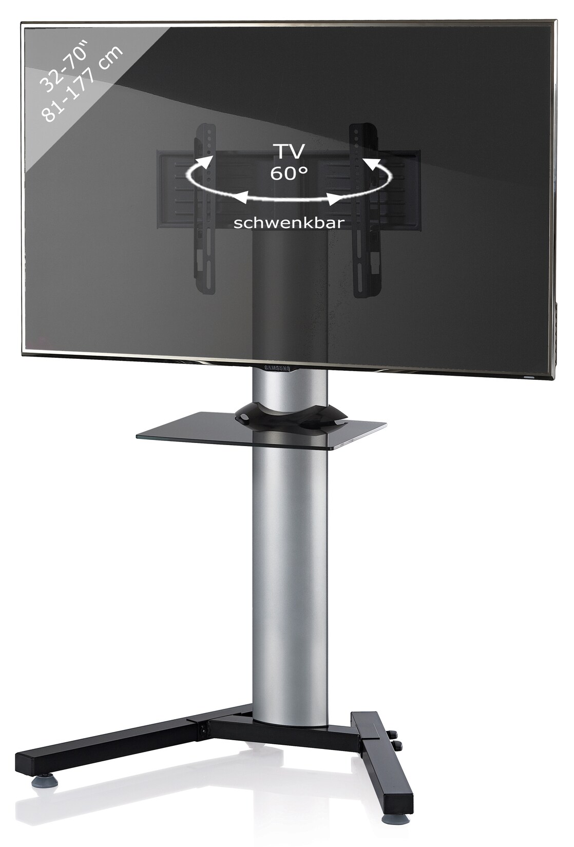 VCM TV Standfuß mit Zwischenboden 26-70 Zoll   VESA bis max. 600×400   Fernseh Ständer aus Alu   TV Ständer Maße ca. H. 125 x B. 90 x T. 72 cm   Fernsehstand Stadino Mini | 04012246170368