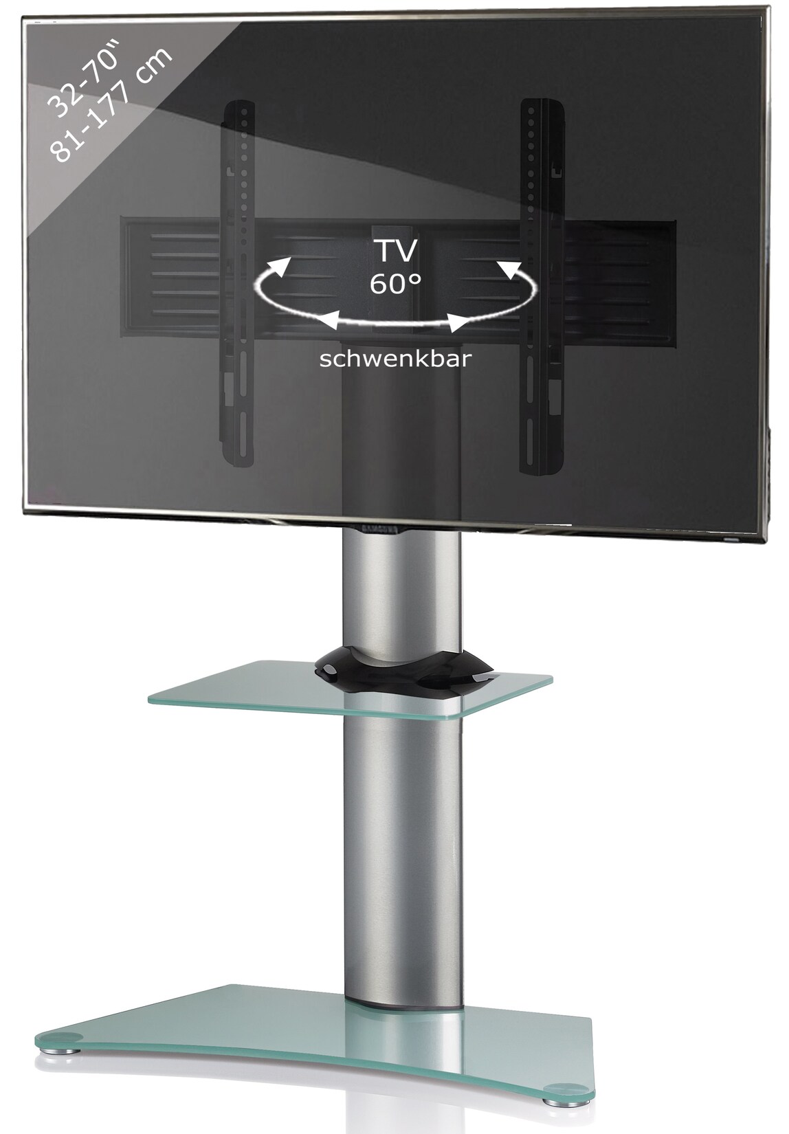 VCM TV Standfuß mit Zwischenboden 32-70 Zoll   VESA max. 600×400 bis 30 kg   Fernseh Ständer aus Alu   TV Bodenständer Maße ca. H. 111 x B. 80 x T 40 cm   Fernsehstand Zental | 04012246170658