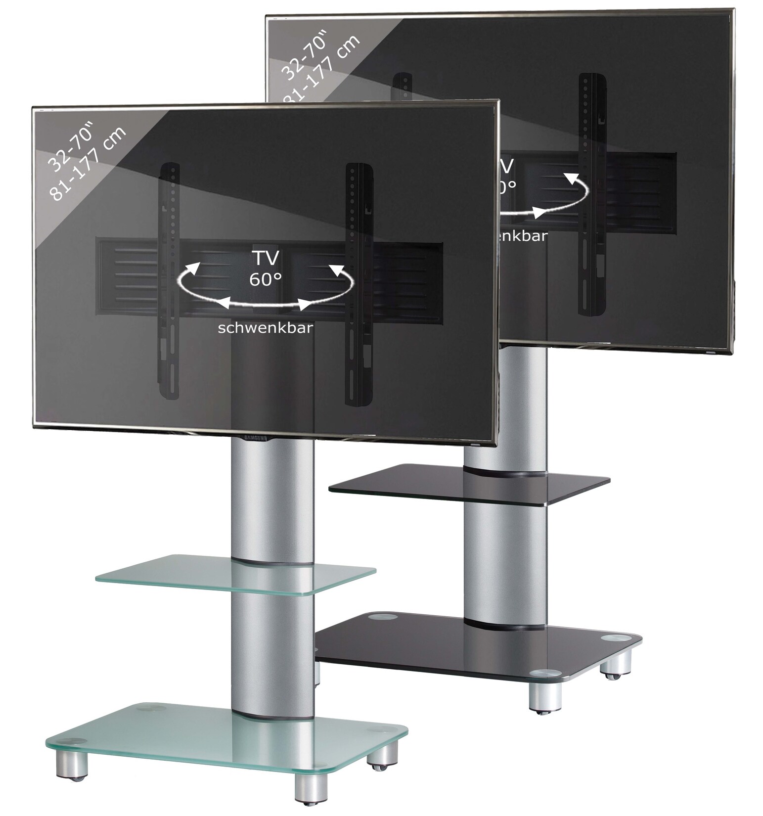 VCM TV Standfuß mit Zwischenboden 32-70 Zoll VESA max. 600x400 Fernseh Ständer aus Alu TV Ständer Maße ca. H. 100 x B. 60 x T. x 44 cm Fernsehstand Tosal