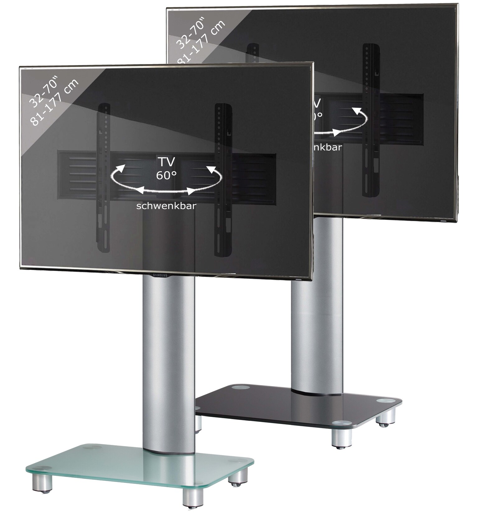 VCM TV Standfuß 32-70 Zoll   VESA max. 600×400   Fernseh Ständer aus Alu und Glas   TV Ständer Maße ca. H. 100 x B. 60 x T. x 44 cm   Fernsehstand Tosal | 04012246171259