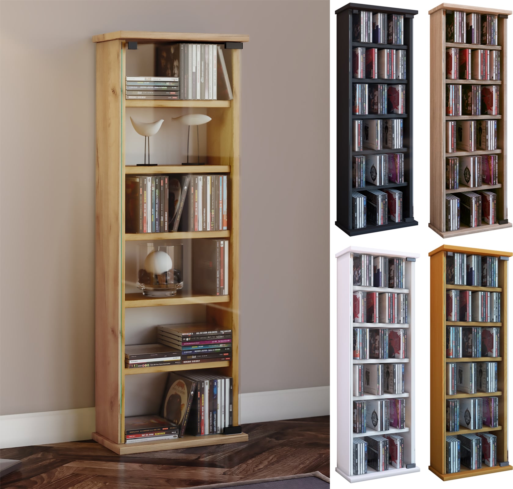 VCM CD Regal Holz | platzsparender CD Schrank mit ESG-Sicherheitsglast&uuml;ren f&uuml;r 150 CDs oder 65 DVDs oder 36-Videos | Ma&szlig;e: H. 92 x B. 31 x T. 18 cm | elegantes DVD Regal stehend | Blu ray Regal | Vetro - Bild 1