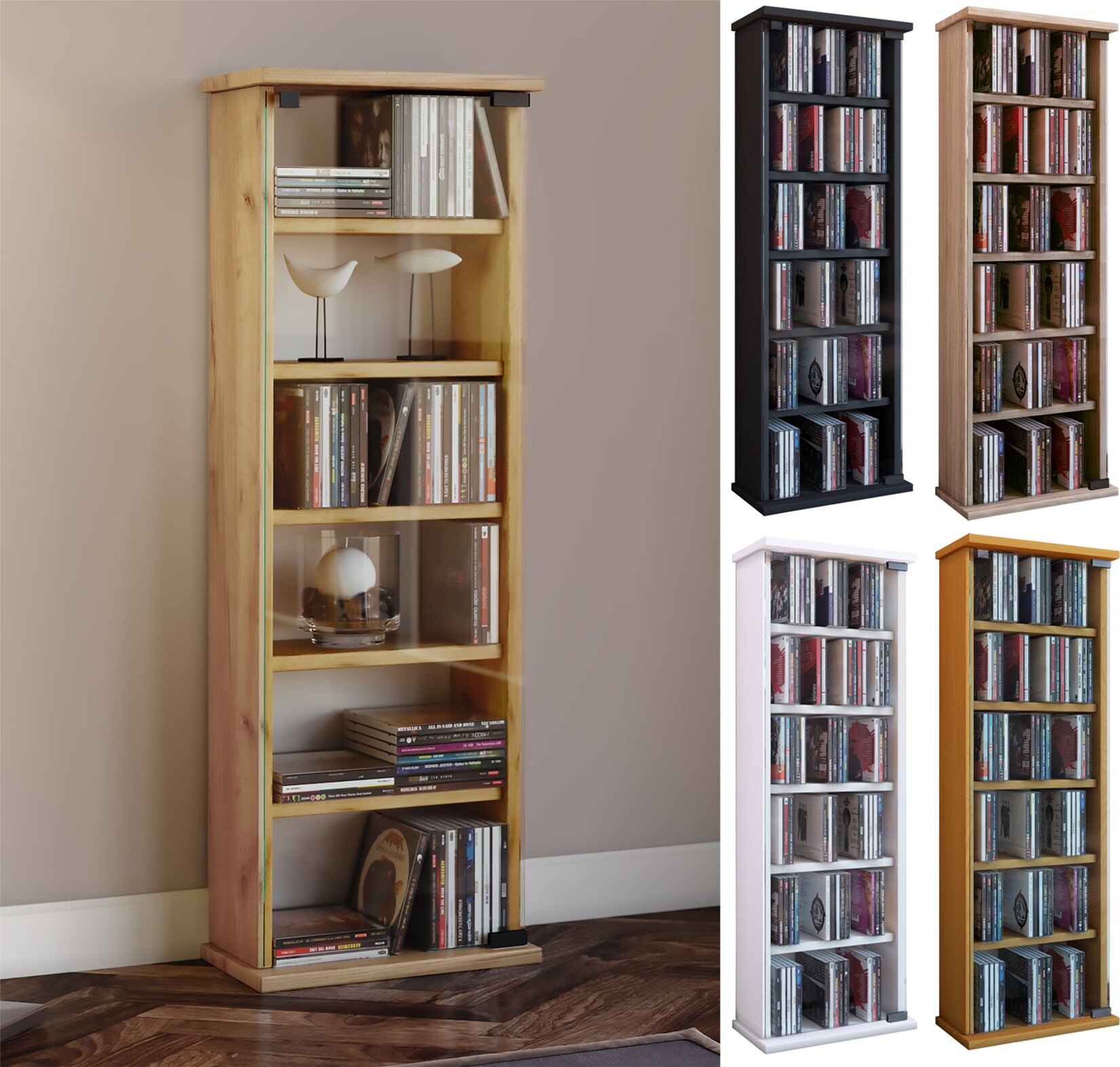 VCM CD Regal Holz platzsparender CD Schrank mit ESG-Sicherheitsglastüren für 150 CDs oder 65 DVDs oder 36-Videos Maße: H. 92 x B. 31 x T. 18 cm elegantes DVD Regal stehend Blu ray Regal Vetro
