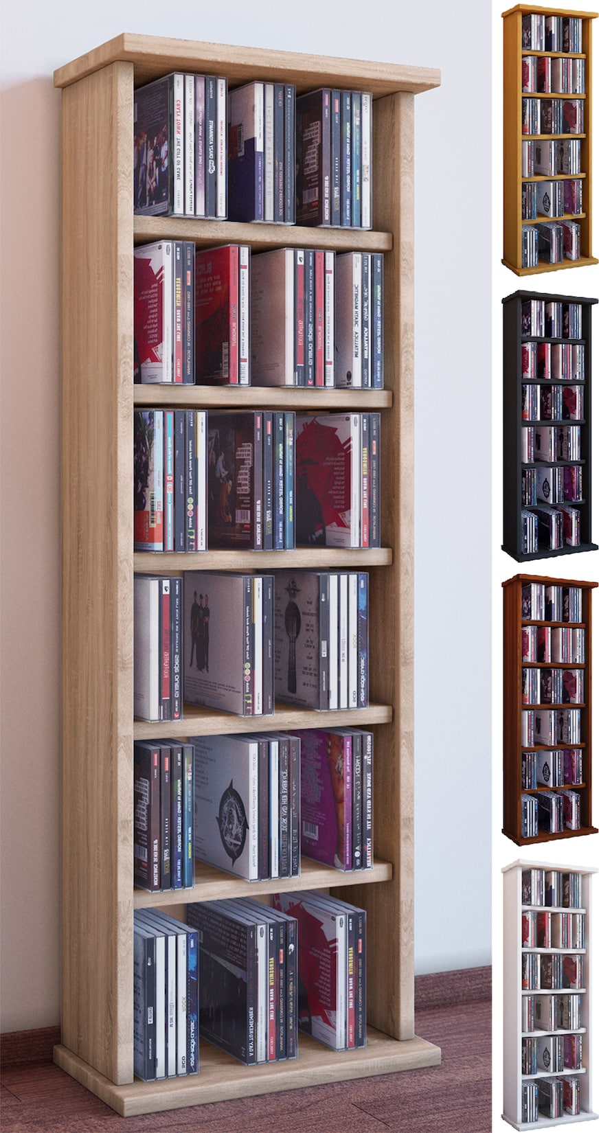 VCM CD Regal Holz CD Regal mit Platz für 150 CDs oder 65 DVDs oder 36-Videos Maße: H. 92 x B. 31 x T. 18 cm elegantes DVD Regal stehend Blu ray Regal fürs Wohnzimmer CD Regal Vostan