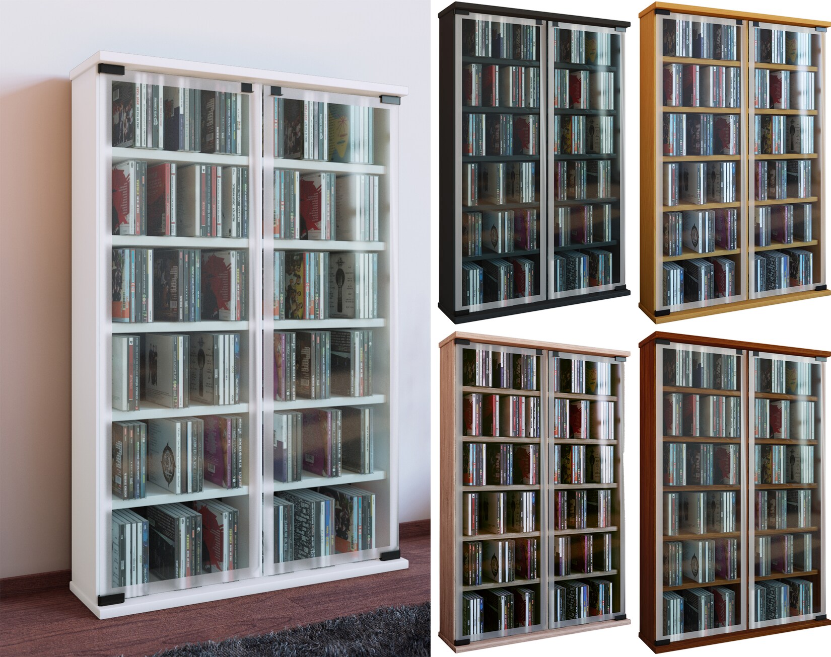 VCM CD Regal Holz CD Schrank mit ESG-Sicherheitsglastüren für 300 CDs oder 130 DVDs 72-Videos Maße: H. 92 x B. 60 x T. 18 cm Elegantes DVD Regal Blu ray Regal CD Regal - Galerie