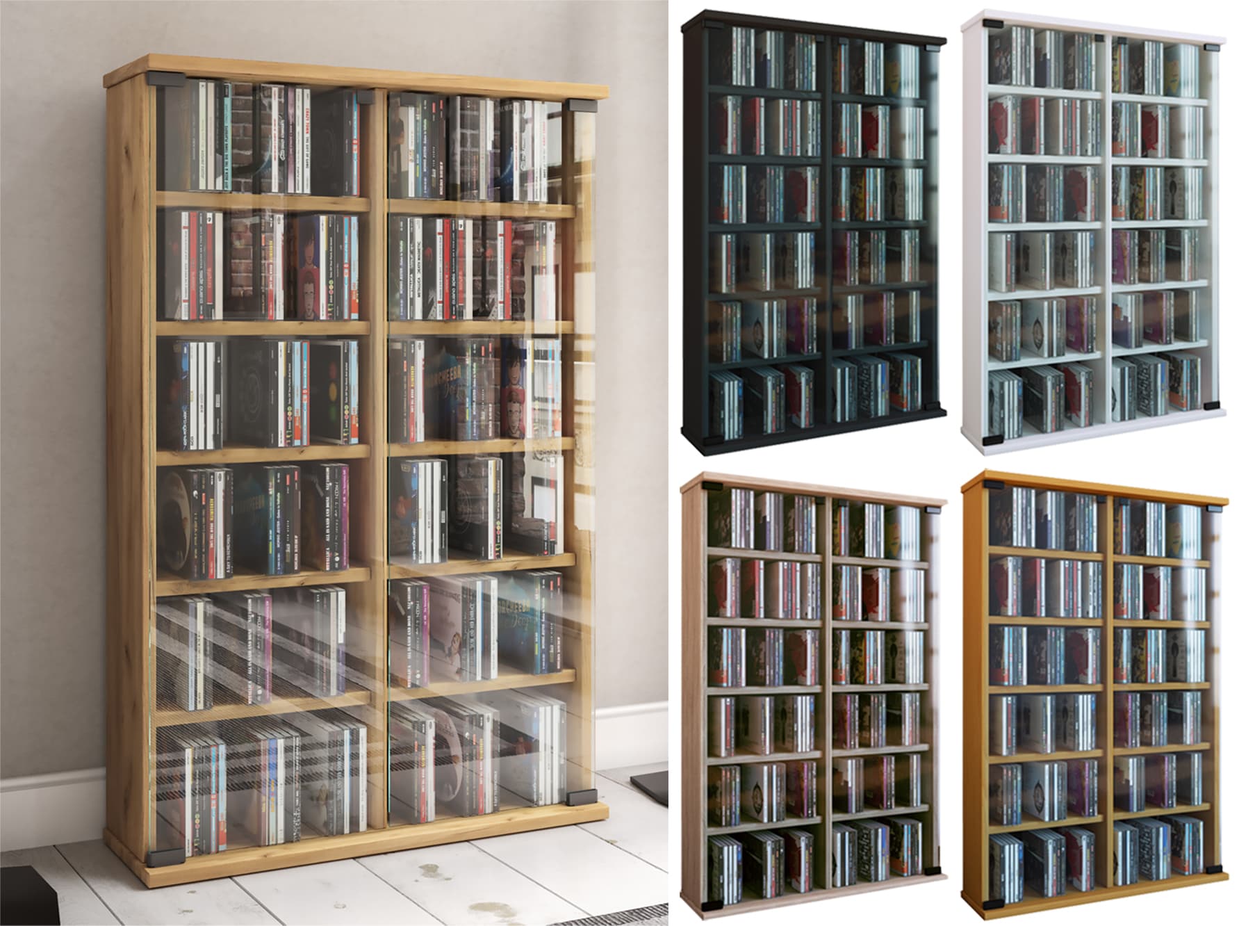 VCM CD Regal Holz | CD Schrank mit ESG-Sicherheitsglast&uuml;ren f&uuml;r 300 CDs oder 130 DVDs oder 72-Videos| Ma&szlig;e: H. 92 x B. 60 x T. 18 cm | Elegantes DVD Regal | Blu ray Regal | CD Regal - Roma - Bild 1