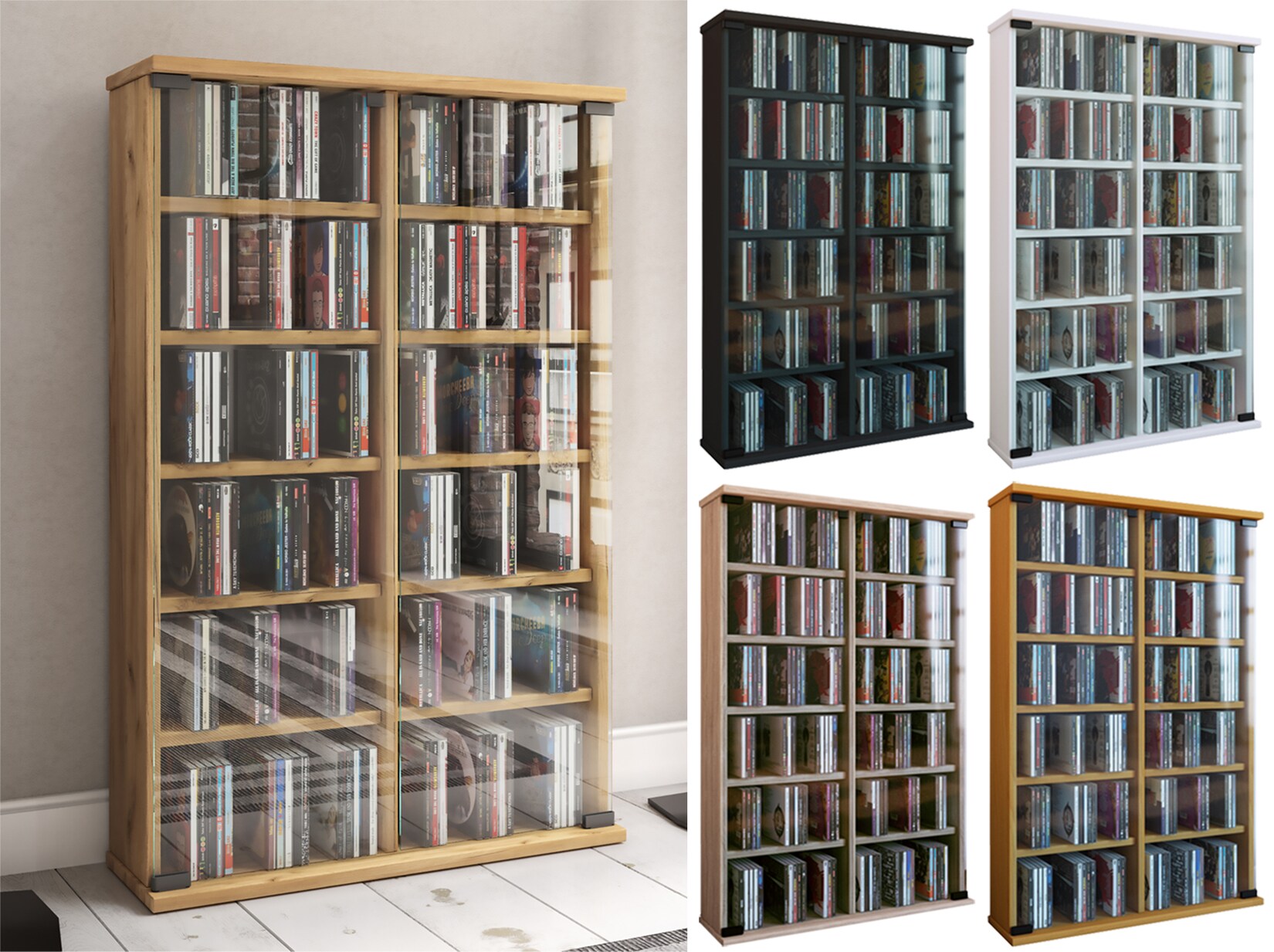 VCM CD Regal Holz CD Schrank mit ESG-Sicherheitsglastüren für 300 CDs oder 130 DVDs oder 72-Videos Maße: H. 92 x B. 60 x T. 18 cm Elegantes DVD Regal Blu ray Regal CD Regal - Roma