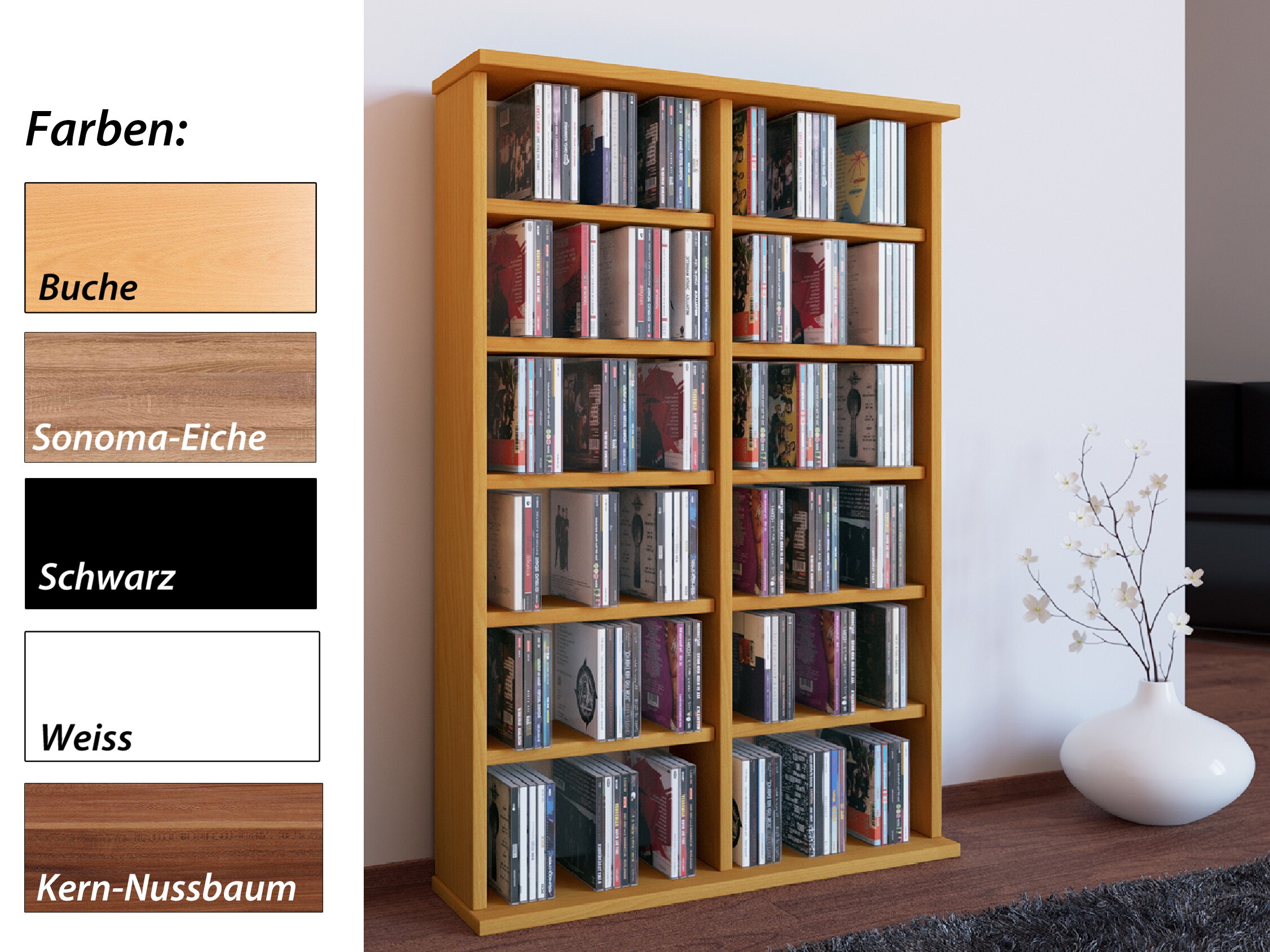 VCM Holz CD DVD Stand Regal | CD Regal mit Platz f&uuml;r 300 CDs oder 130 DVDs oder 72-Videos | Ma&szlig;e: H. 92 x B. 60 x T. 18 cm. | Elegantes DVD Regal | Blu ray Regal | CD Regal - Ronul - Bild 1