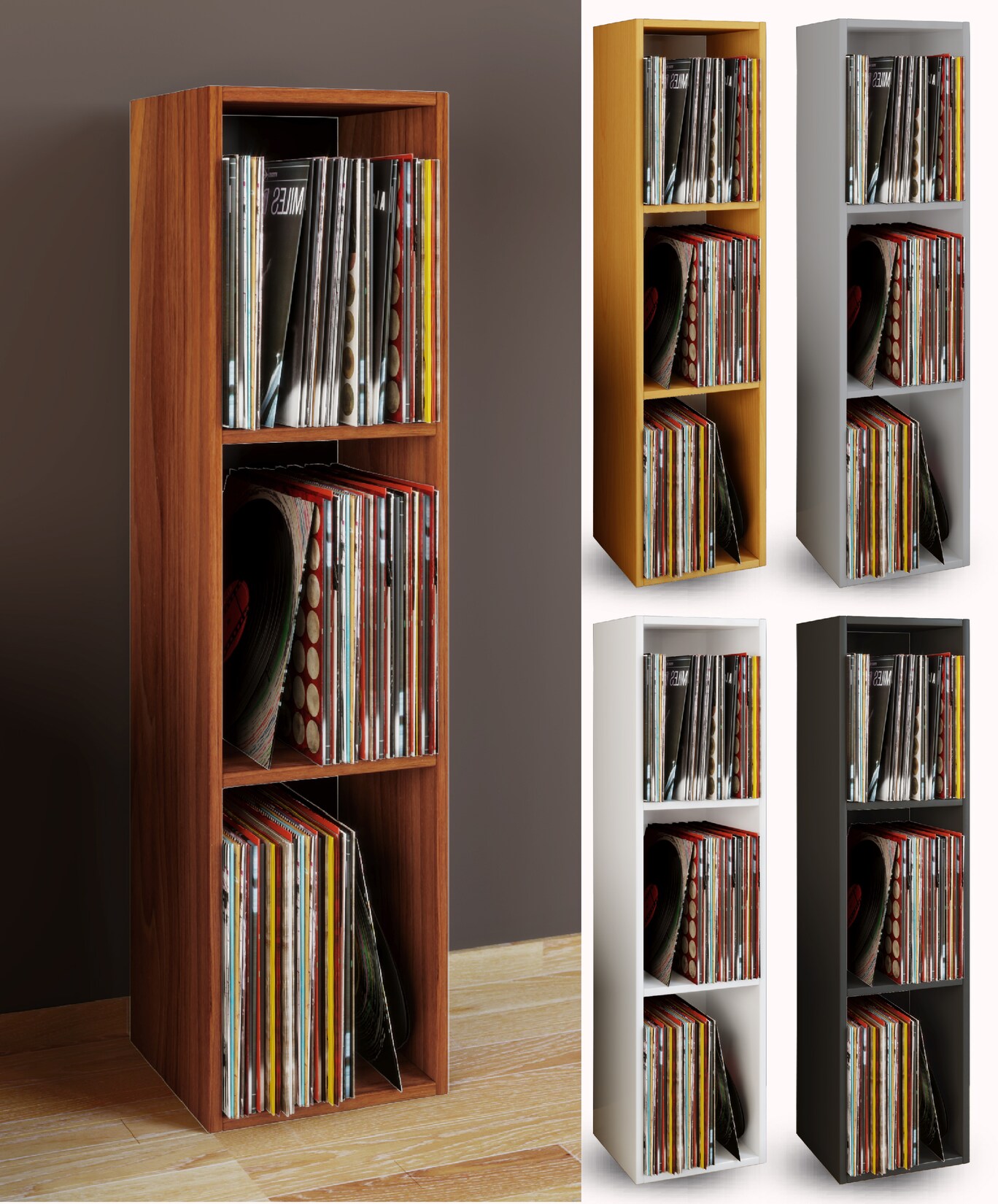 VCM Holz Schallplatten Regal Stand Regal mit 3 Fächer für 100 Schallplatten Maße: H. 107 x B. 34 x T. 30 cm - Platto