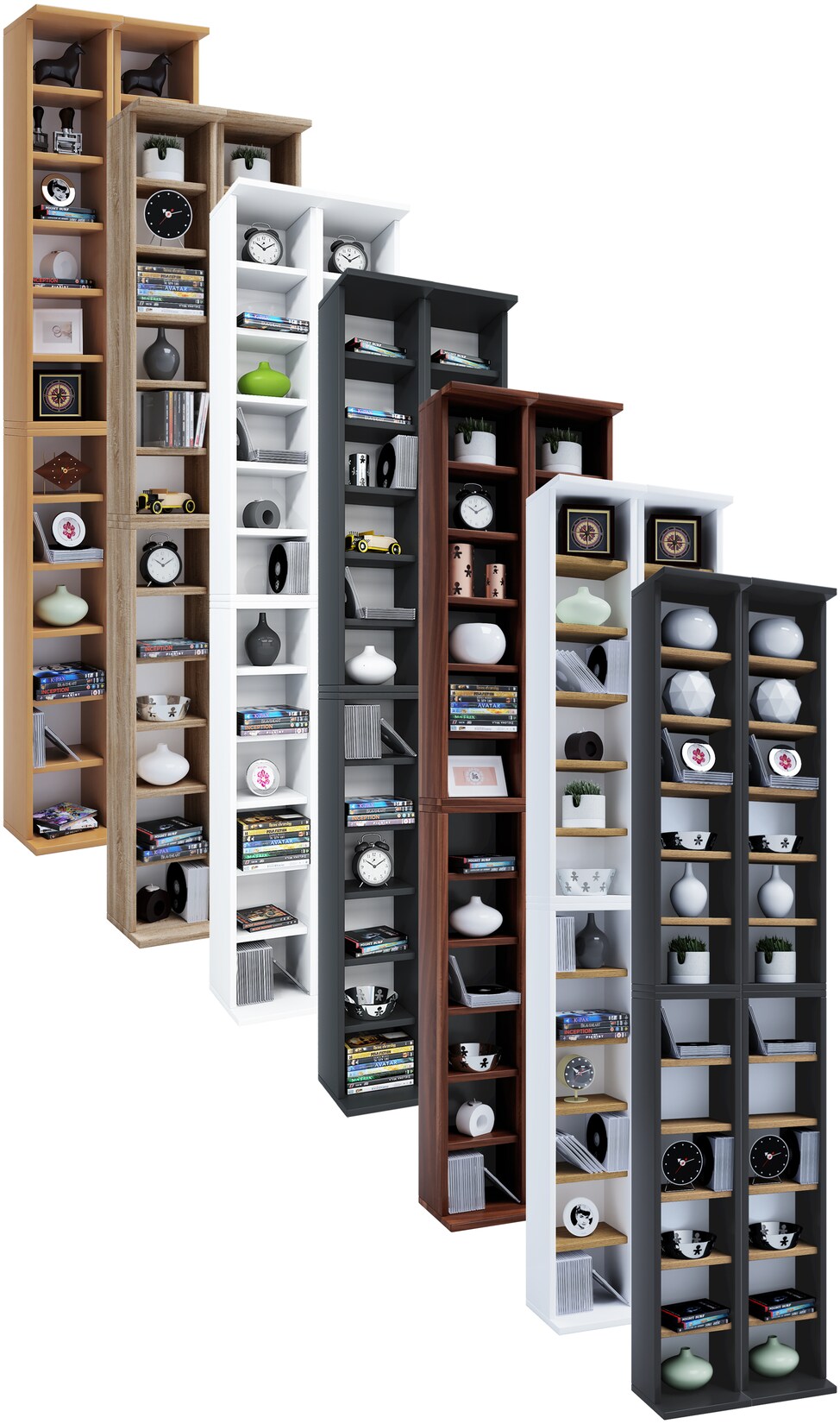 VCM Holz CD DVD Stand Regal CD Regal mit Platz für 408 CDs oder 144 DVDs oder 80-Videos Maße: H. 183 x B. 42 x T. 20 cm Elegantes CD/DVD Regal Blu ray Regal – Almera