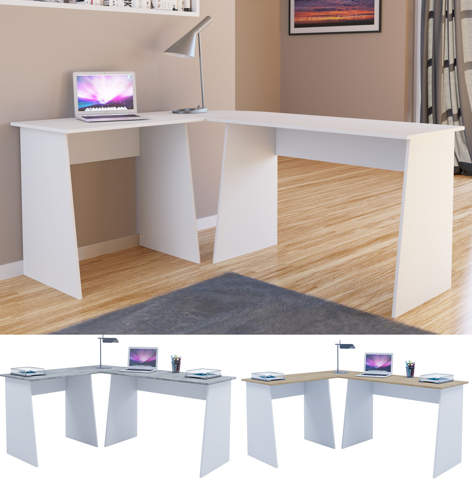 VCM Computertisch Eckschreibtisch Maße Gesamtset ca. H. 74 x B. 135 x T. 105 cm stylische Seitenteile Schreibtisch – Masola