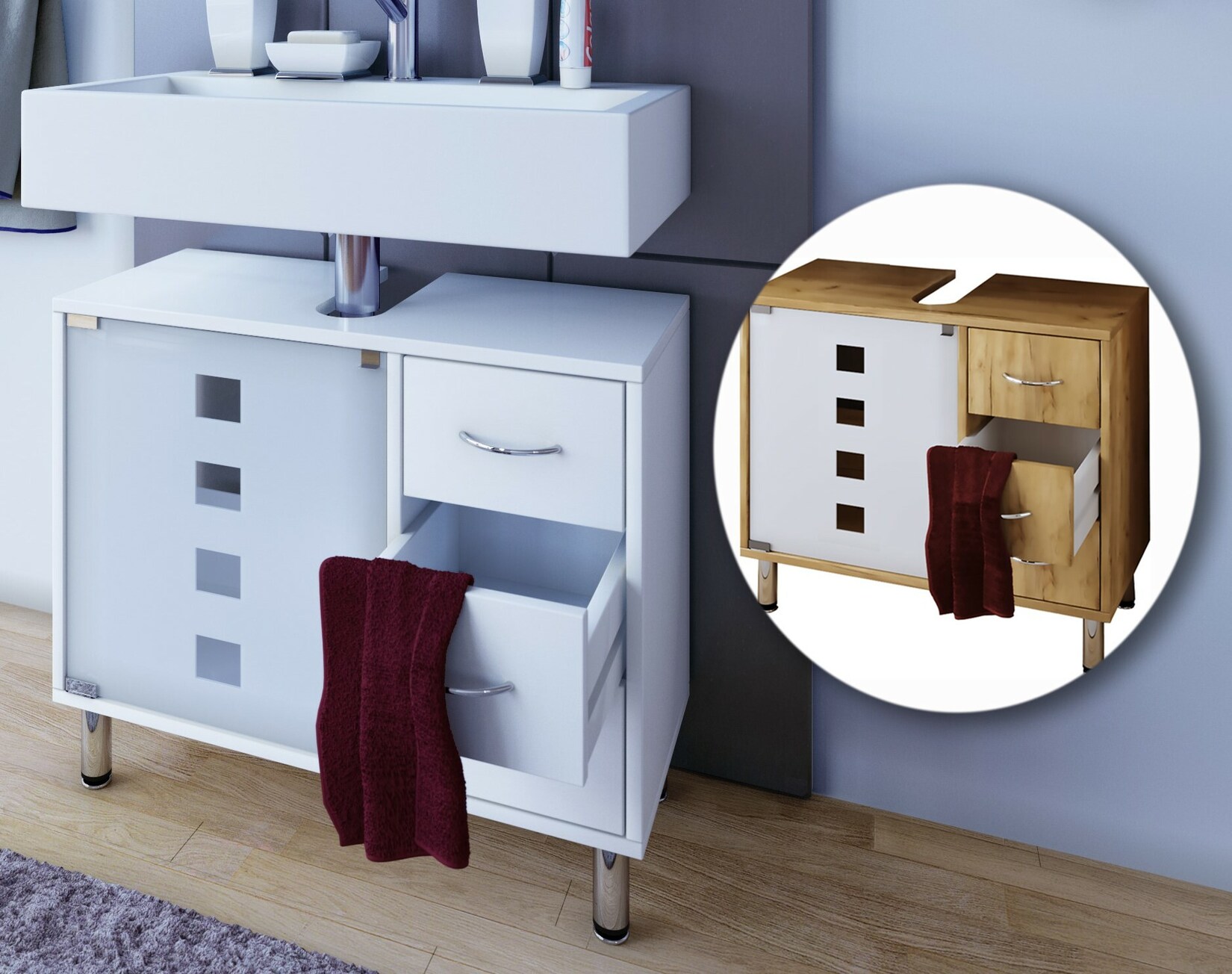 VCM Holz Waschbeckenunterschrank   Badschrank   Maße: H. 58 x B. 67 x T. 30 cm   1 ESG-Sicherheitsglastür   3 Schubladen   modernes Badezimmermöbel – Darola | 04051814347207