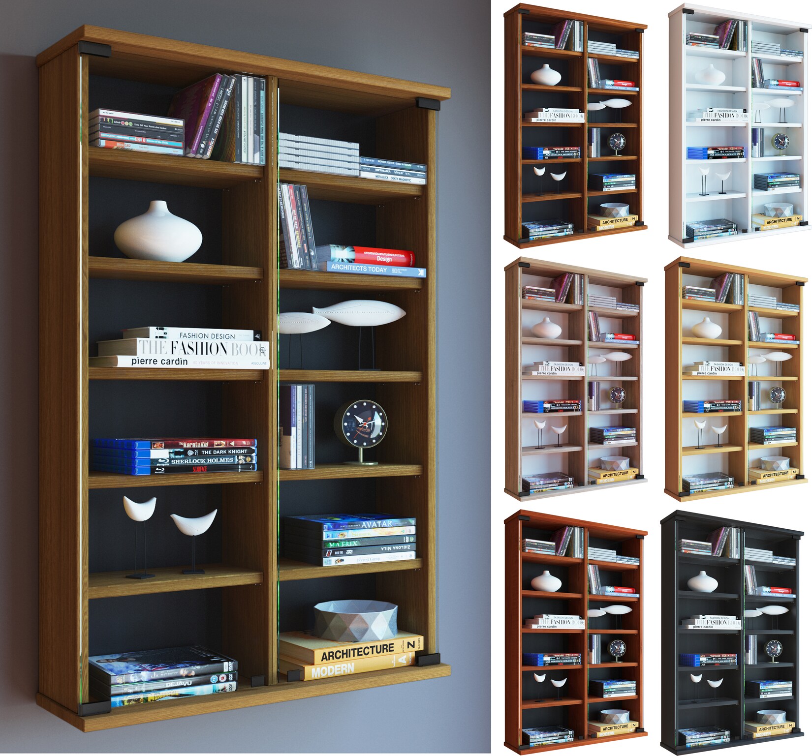 VCM Holz CD DVD Wandregal/Wandvitrine Vitrine mit 2 ESG-Sicherheitsglastüren. Maße: H. 92 x B. 60 x T. 18 cm 10 variable Einlegeböden - Zuntisa