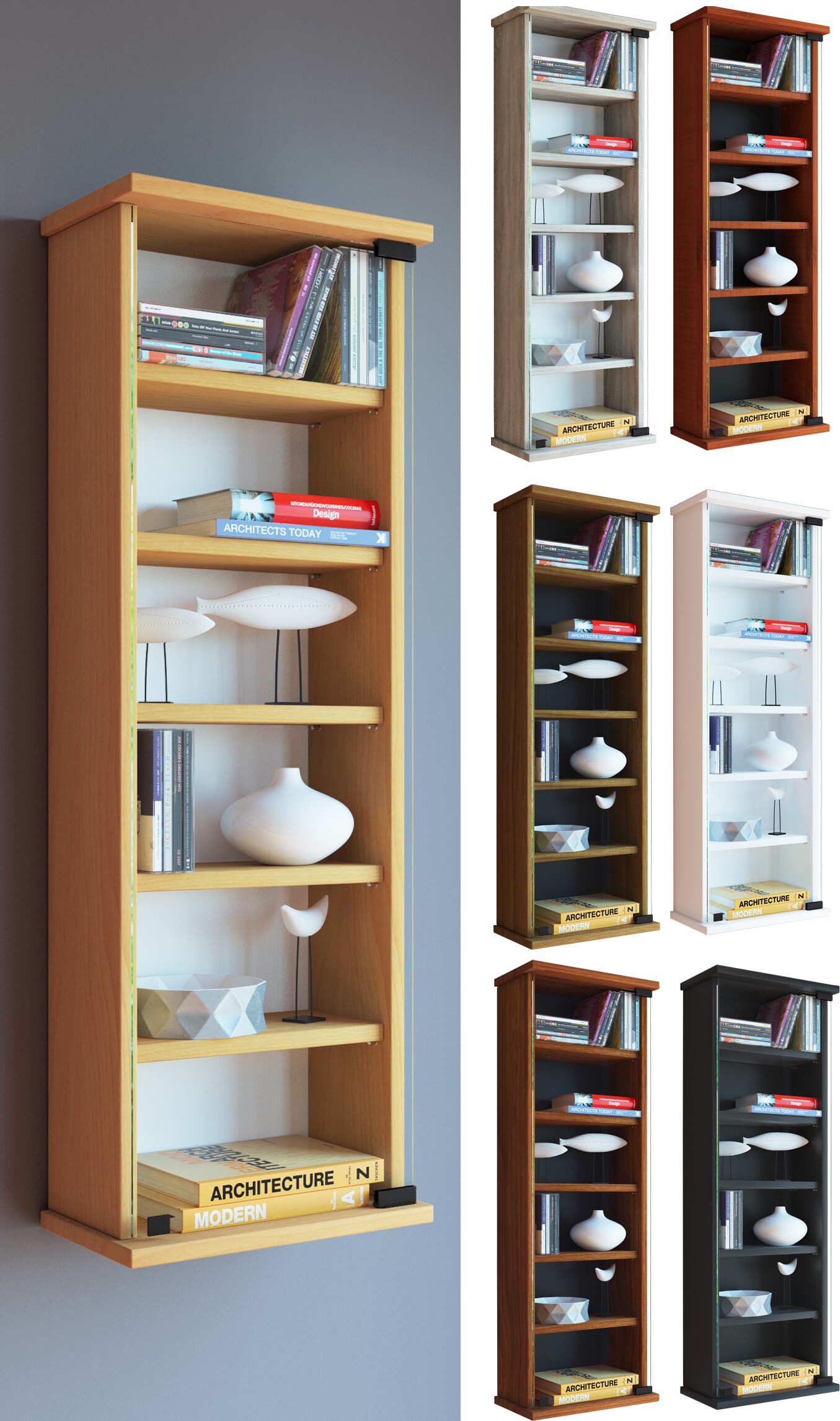 VCM Holz CD DVD Wandregal | H&auml;ngeregal mit ESG-Sicherheitsglast&uuml;r | Platz f&uuml;r 150-CDs oder 65 DVDs oder 36-Videos | Ma&szlig;e: 92 x B. 31 x T. 18 cm | Elegantes CD/DVD Regal | 5 variable Einlegeb&ouml;den - Loposa - Bild 1