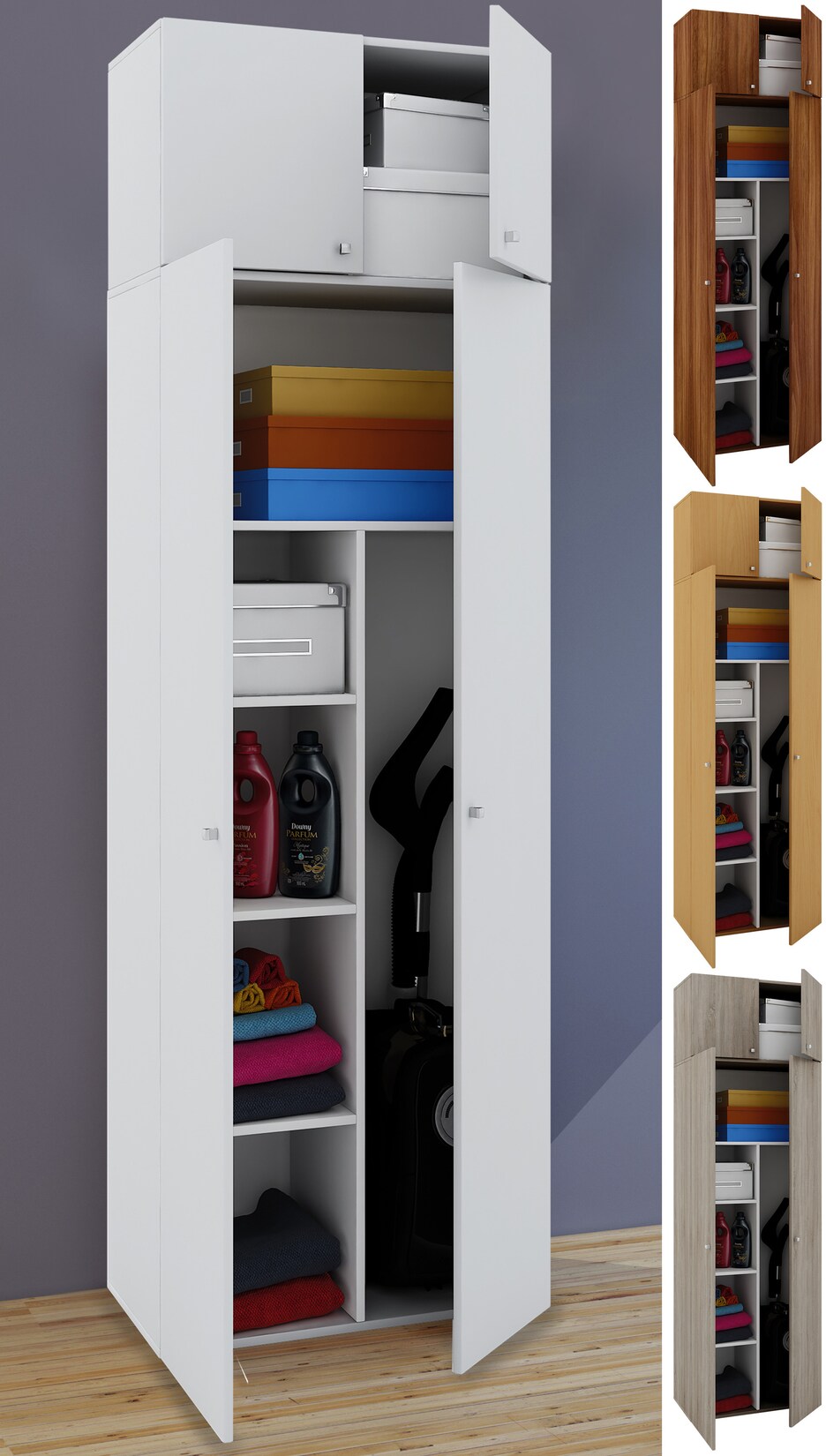 VCM Besenschrank 6 Fächer Maße B. 70 x H. 238 x T. 40 cm Haushaltsschrank Mehrzweckschrank Aufsatz mit zwei Türen - Vandol