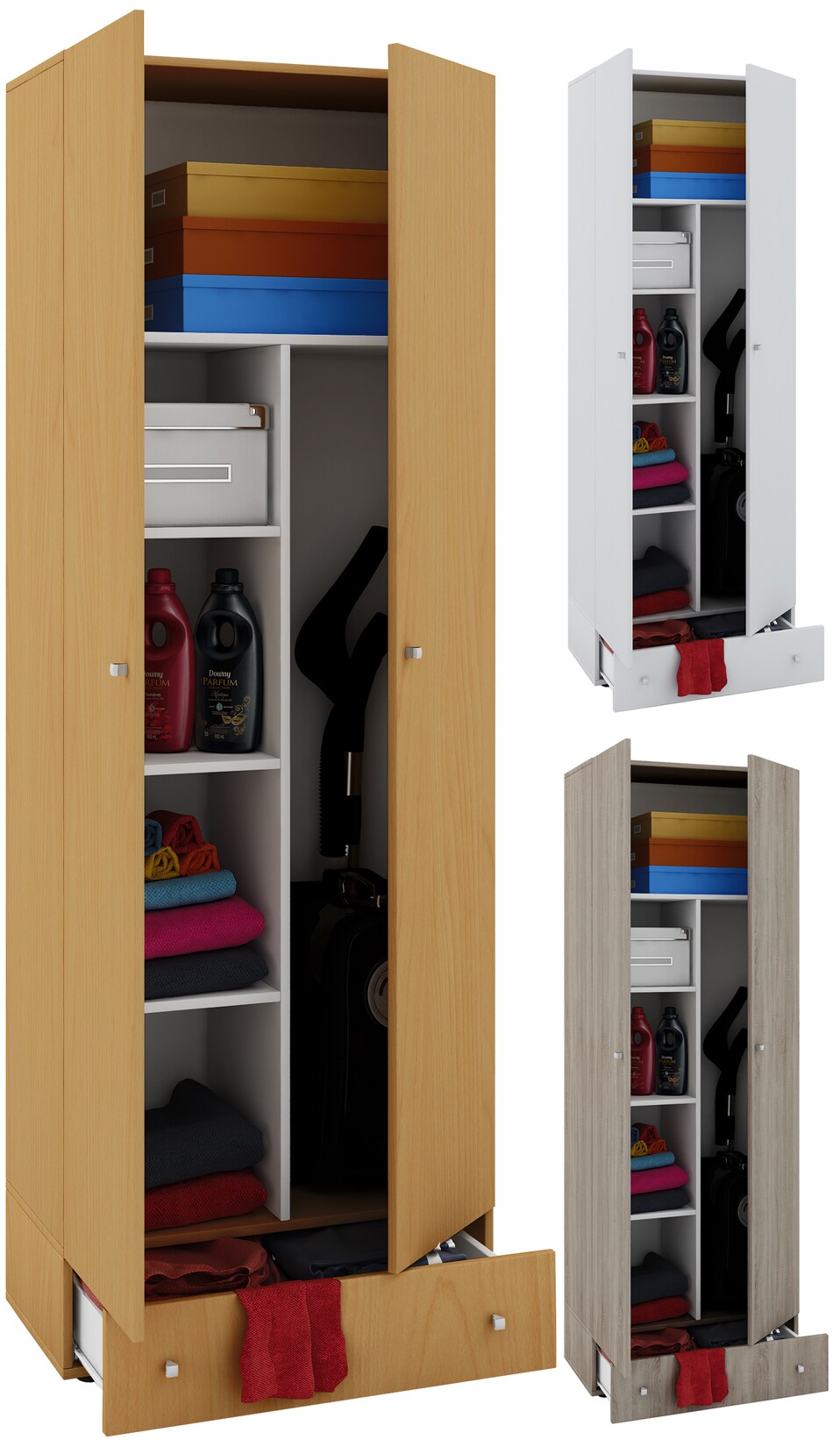 VCM Holz-Besenschrank 6 Fächer Maße: . B. 70 x H. 196 x T. 40 cm Haushaltsschrank Mehrzweckschrank Extra Schublade - Vandol