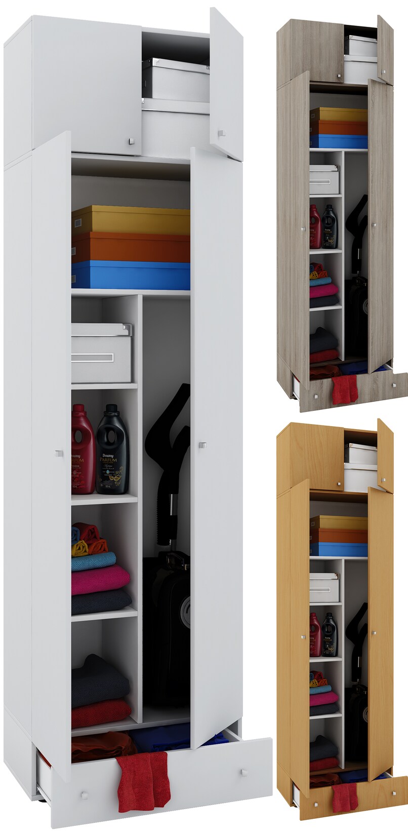 VCM Holz- Besenschrank 6 Fächer Maße: B. 70 x H. 237 x T. 40 cm Haushaltsschrank Mehrzweckschrank Aufsatz mit 2 Türen Extra Schublade - Vandol