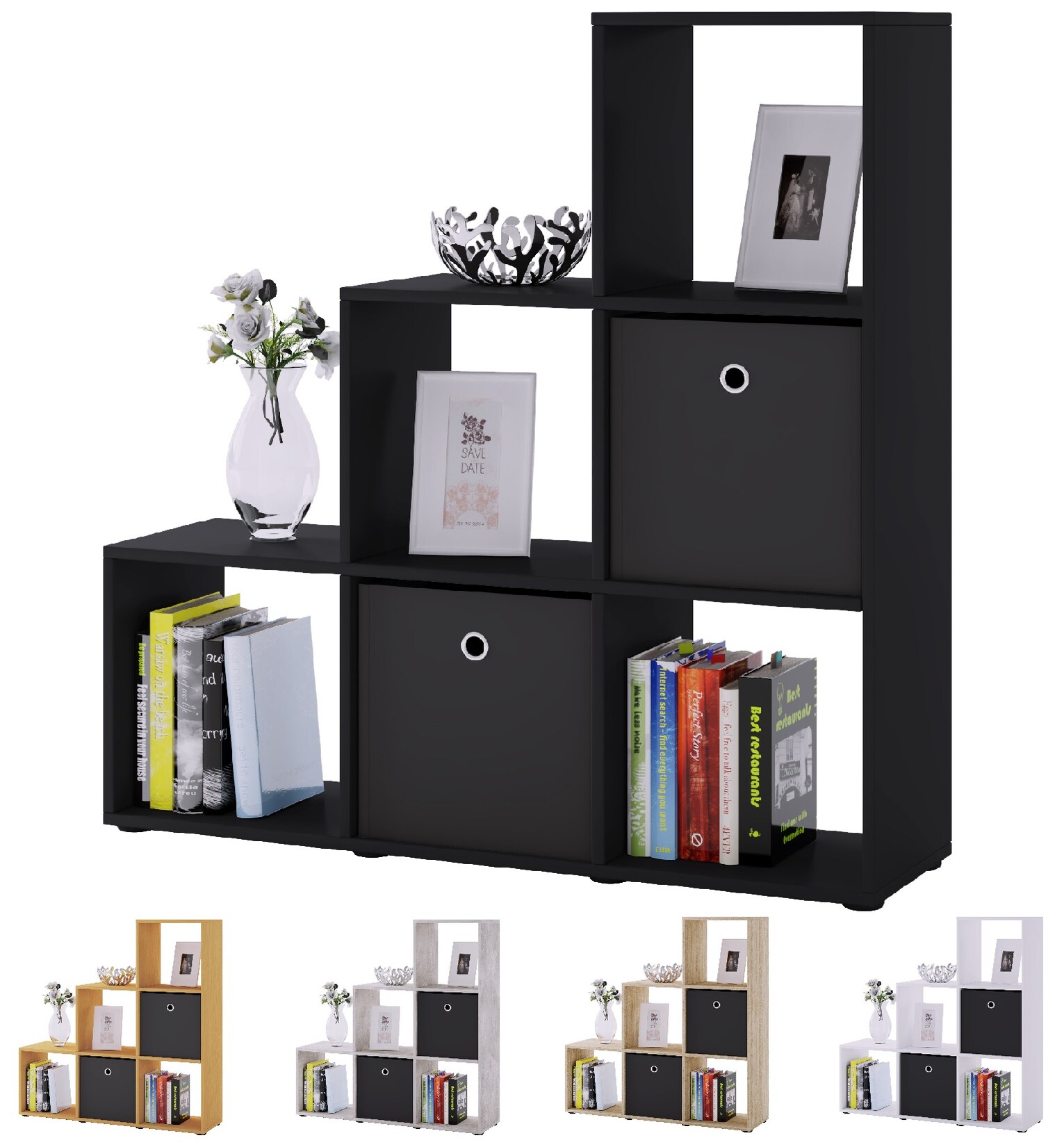 VCM Holzregal stehend platzsparendes Regal Maße: H. 105 x B. 108 x T. 29 cm Elegantes Regal stehend Aufbewahrungsregal Bücherregal Raumteiler- Nitas