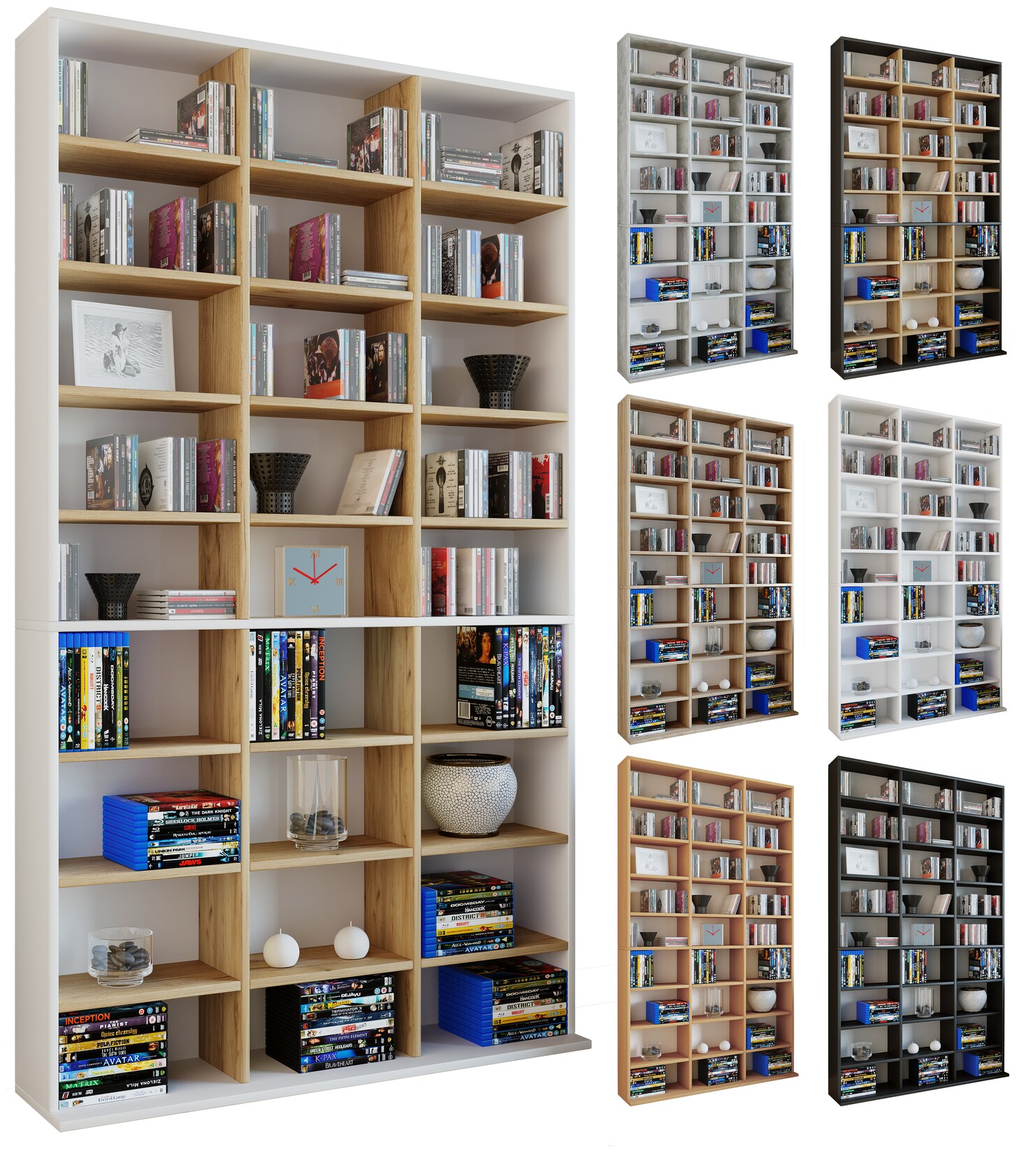 VCM Holzregal stehend platzsparender CD-Schrank für 1080 CDs oder 504 DVDs Maße: H. 181 x B. 102 x T. 23 cm Elegantes DVD Regal stehend Blu-Ray Regal CD Regal Megosa XL