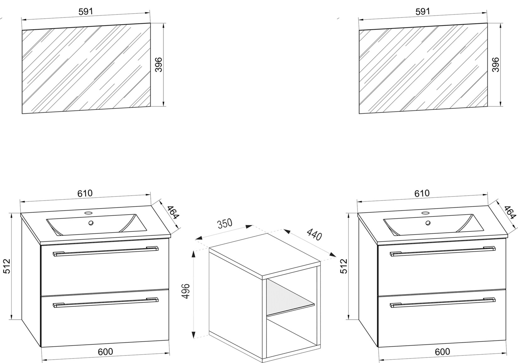 VCM 3-tlg. Set 2 Waschtisch, 2 Spiegel, 2 Waschbecken, 1 Mittelfach Keramik Waschbecken Unterschrank 155 cm Badmöbel Set Doppel Waschplatz - Badinos XXL
