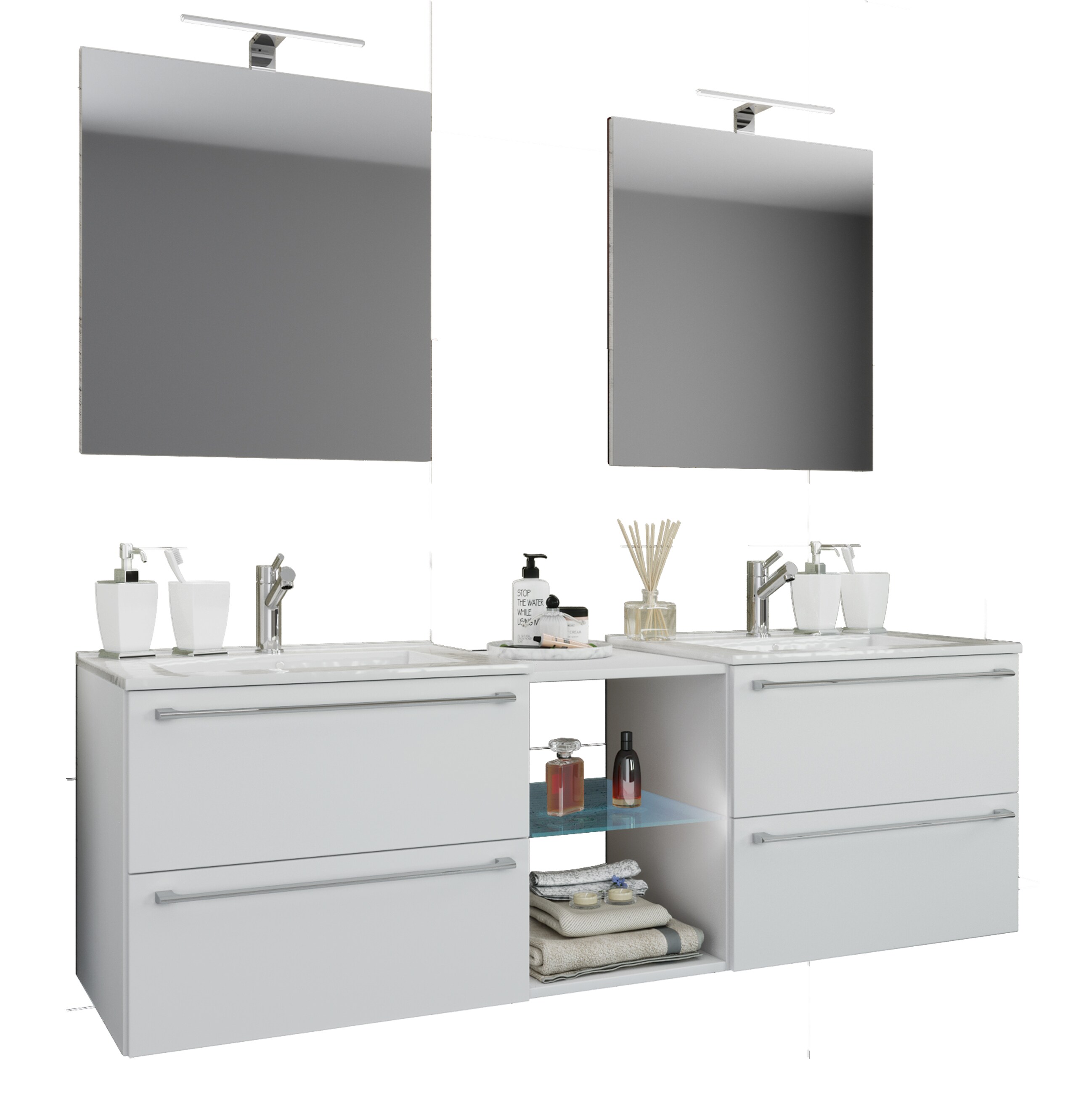 VCM 3-tlg. Set | 2 Waschtisch, 2 Spiegel, 2 Waschbecken, 1 Mittelfach | Keramik Waschbecken | Unterschrank 195 cm | Badm&ouml;bel Set Doppel Waschplatz - Badinos XXL - Bild 1