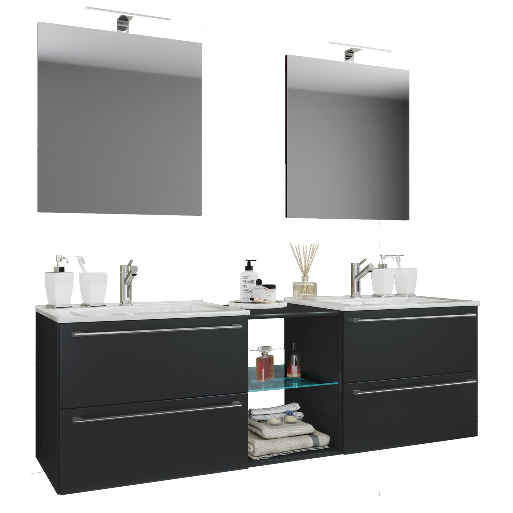 VCM 3-tlg. Set 2 Waschtisch, 2 Spiegel, 2 Waschbecken, 1 Mittelfach Keramik Waschbecken Unterschrank 195 cm Badmöbel Set Doppel Waschplatz - Badinos XXL