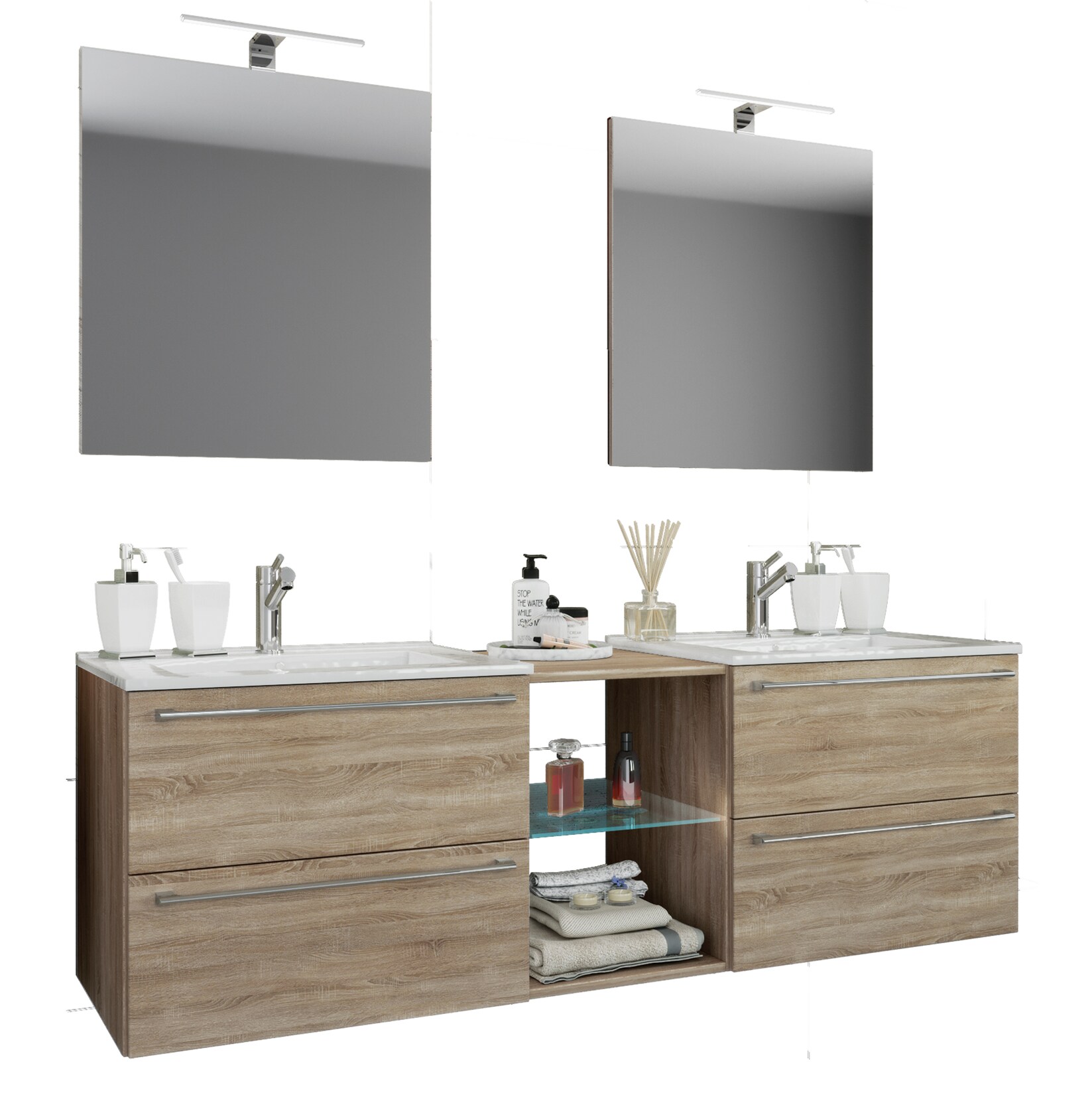 VCM 3-tlg. Set 2 Waschtisch, 2 Spiegel, 2 Waschbecken, 1 Mittelfach Keramik Waschbecken Unterschrank 195 cm Badmöbel Set Doppel Waschplatz - Badinos XXL