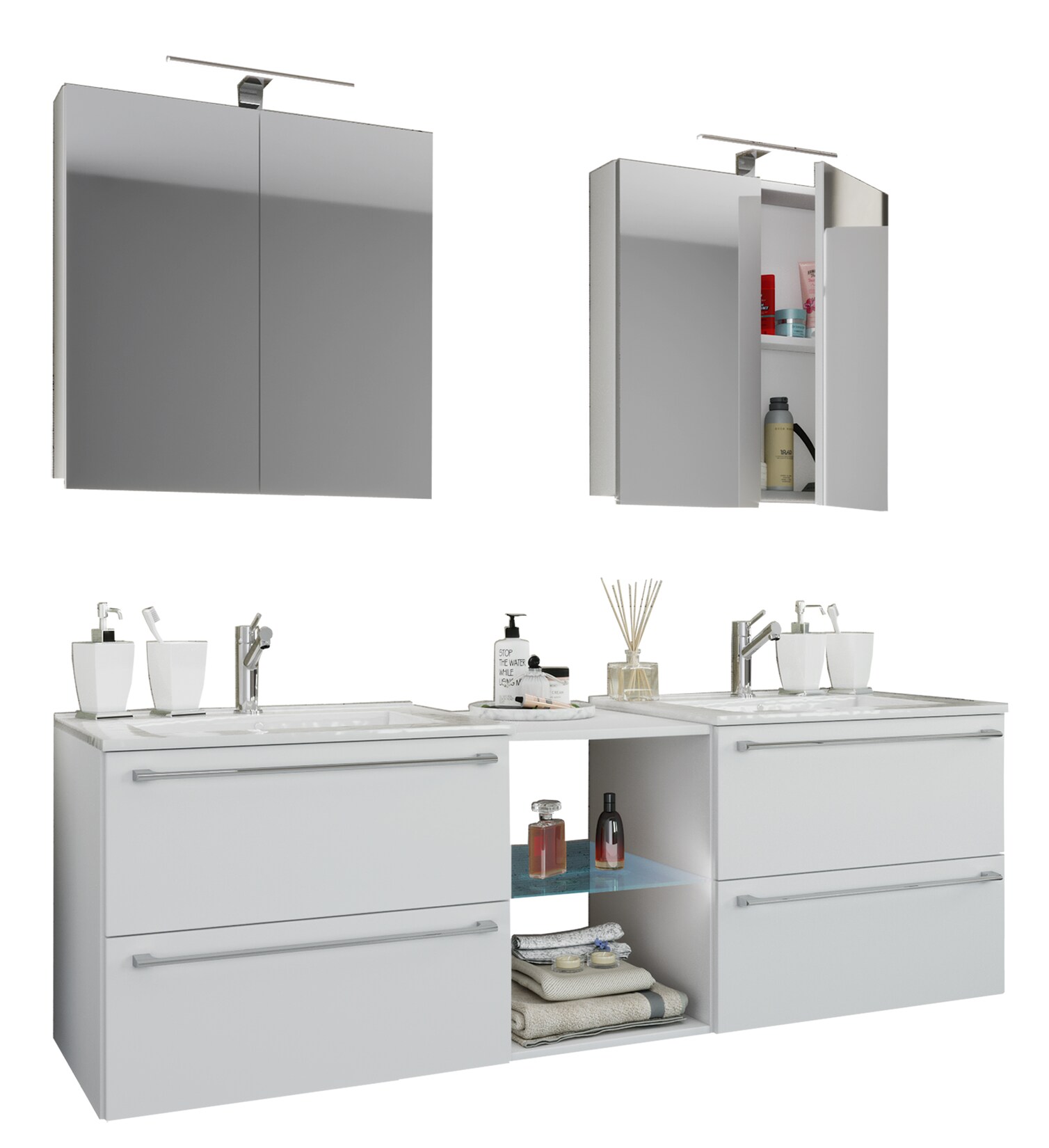VCM 3-tlg. Set 2 Waschtisch, 2 Spiegelschrank, 2 Waschbecken, 1 Mittelfach Keramik Waschbecken Unterschrank 155 cm Badmöbel Set Doppel Waschplatz - Badinos XXL