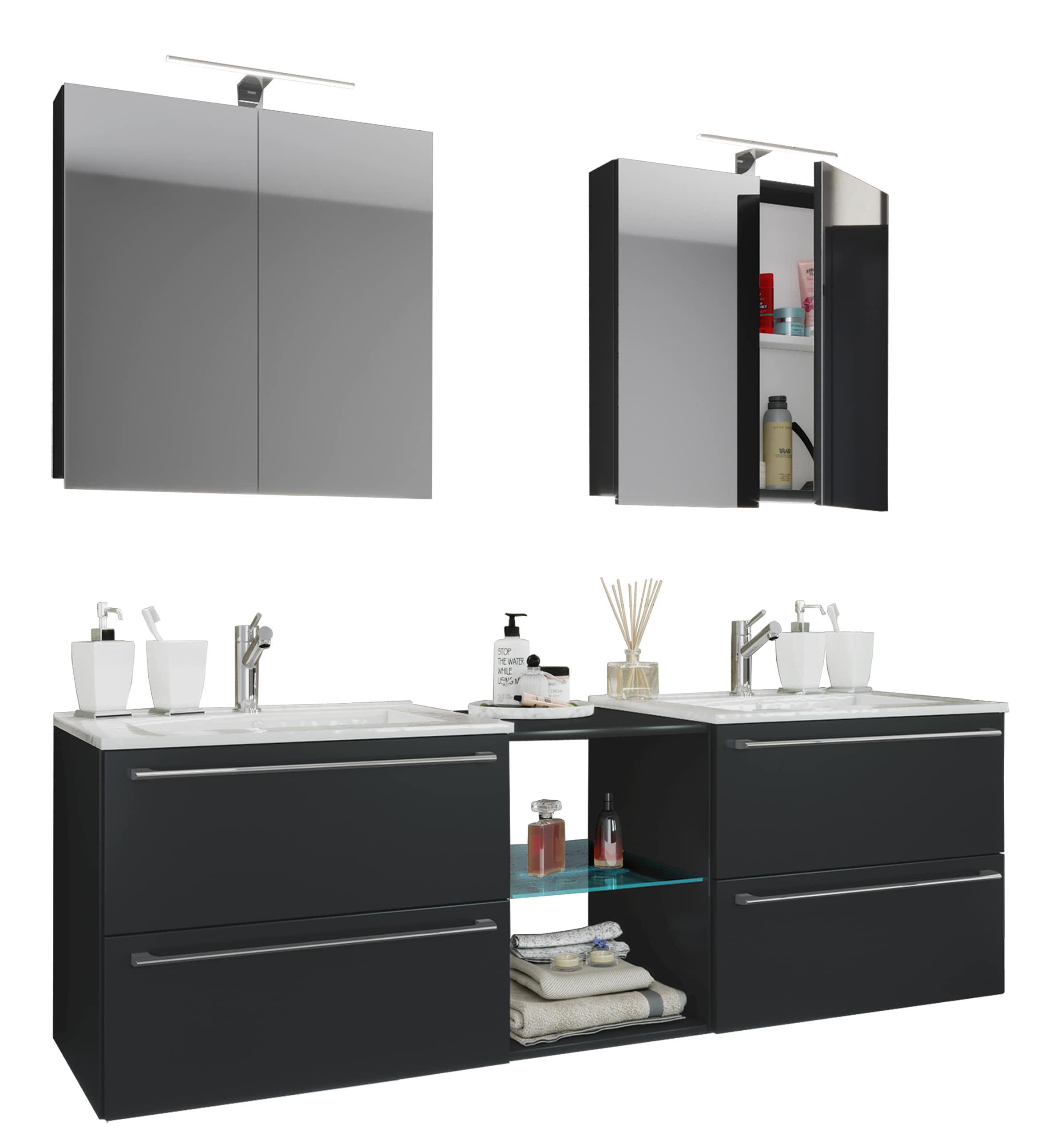 VCM 3-tlg. Set | 2 Waschtisch, 2 Spiegelschrank, 2 Waschbecken, 1 Mittelfach | Keramik Waschbecken | Unterschrank 155 cm | Badm&ouml;bel Set Doppel Waschplatz - Badinos XXL - Bild 1