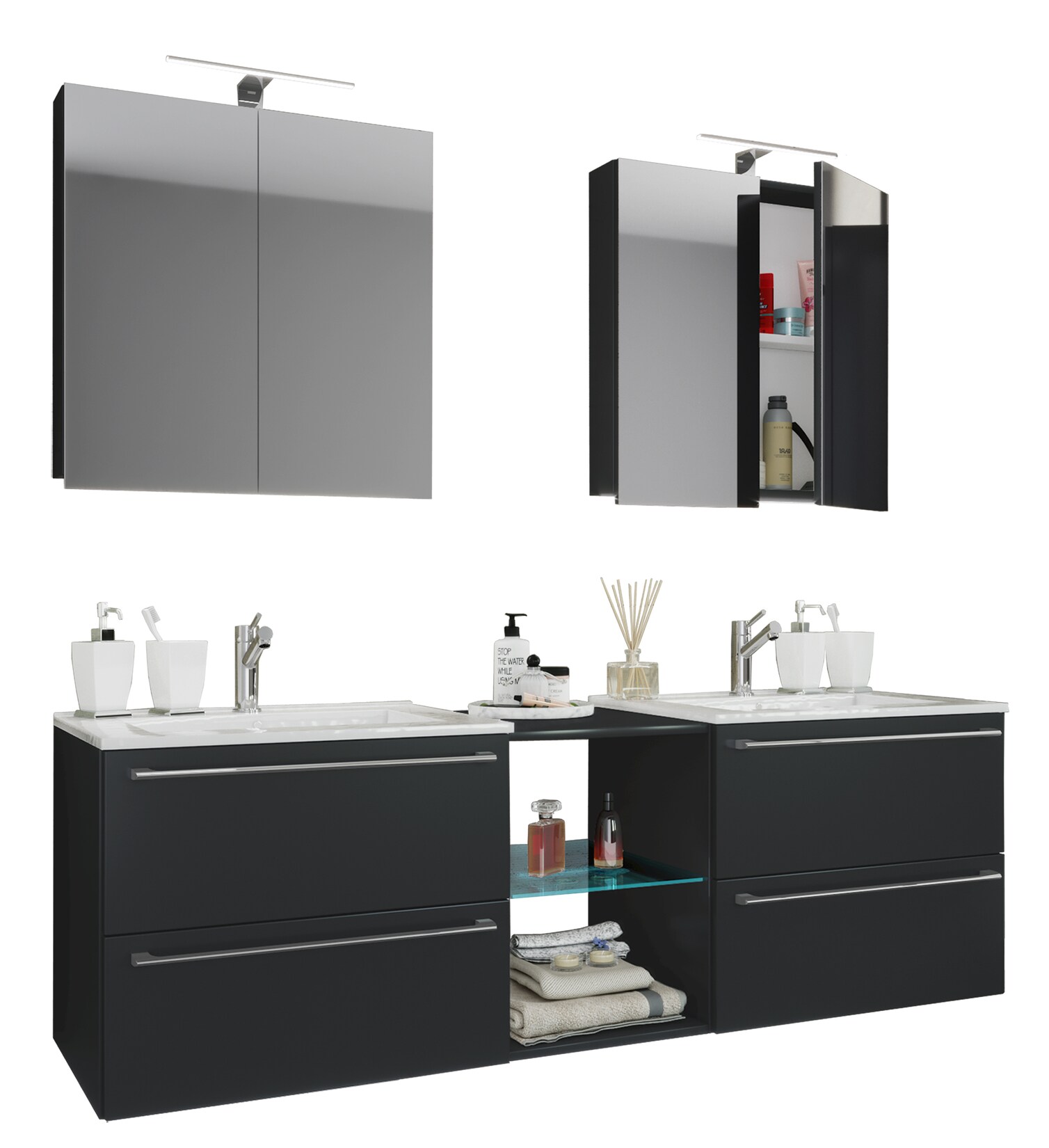 VCM 3-tlg. Set 2 Waschtisch, 2 Spiegelschrank, 2 Waschbecken, 1 Mittelfach Keramik Waschbecken Unterschrank 155 cm Badmöbel Set Doppel Waschplatz - Badinos XXL