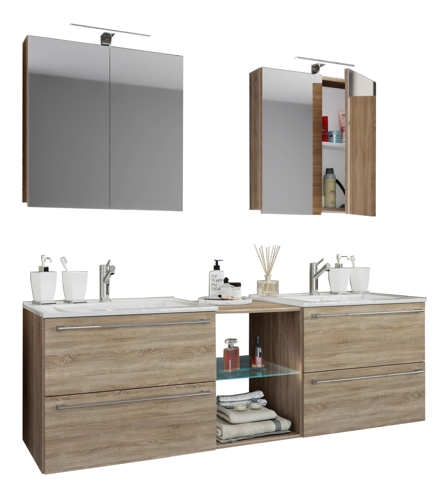 VCM 3-tlg. Set 2 Waschtisch, 2 Spiegelschrank, 2 Waschbecken, 1 Mittelfach Keramik Waschbecken Unterschrank 155 cm Badmöbel Set Doppel Waschplatz - Badinos XXL