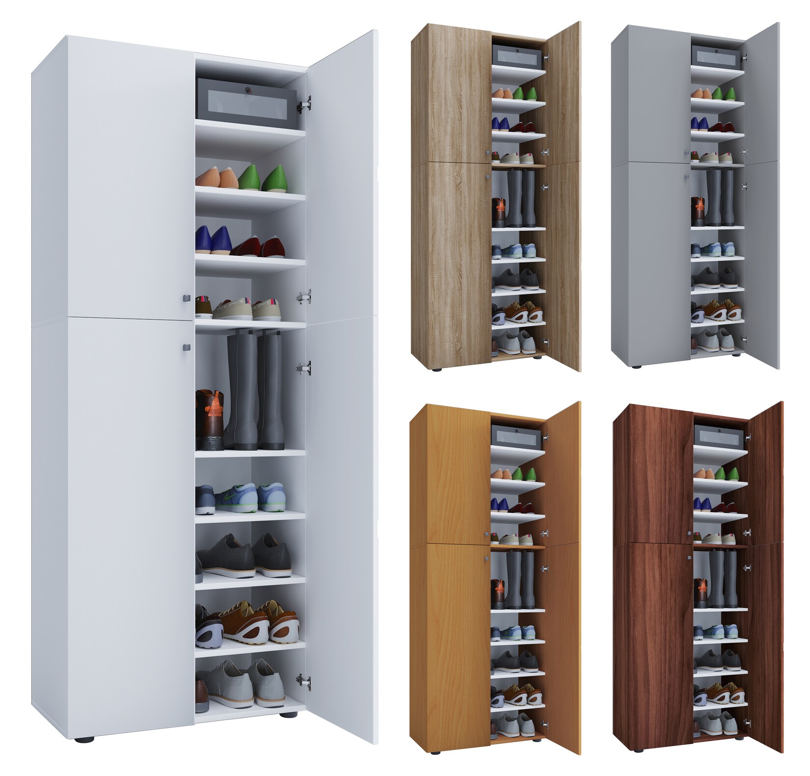 VCM Holz-Schuhschrank Maße: B. 70 x H. 184 x T. 40 cm Allzweckschrank 9 Fächer 4 Drehtüren - Lona
