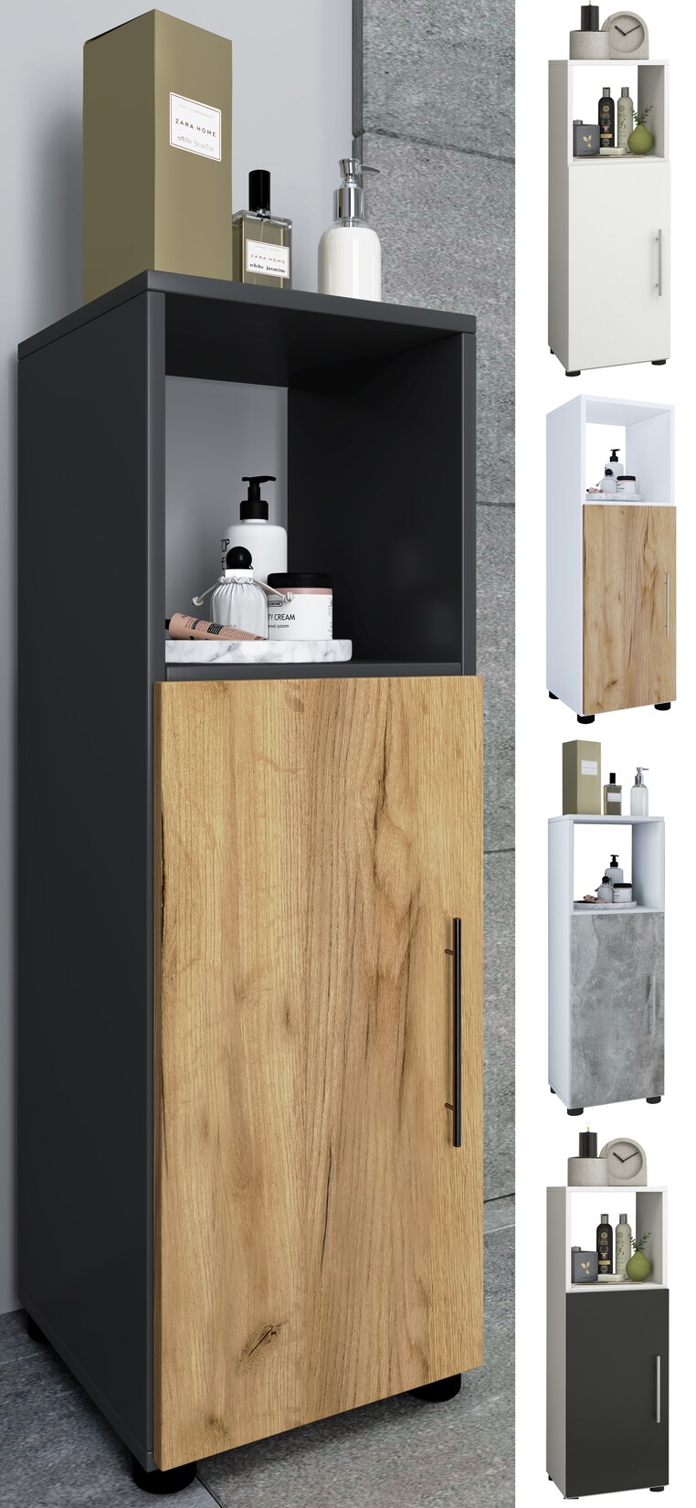 VCM Holz Midischrank Badschrank mit offenem Fach und einer Drehtür Maße H. 93 x B. 31 x T. 30 cm Midischrank - Flandu