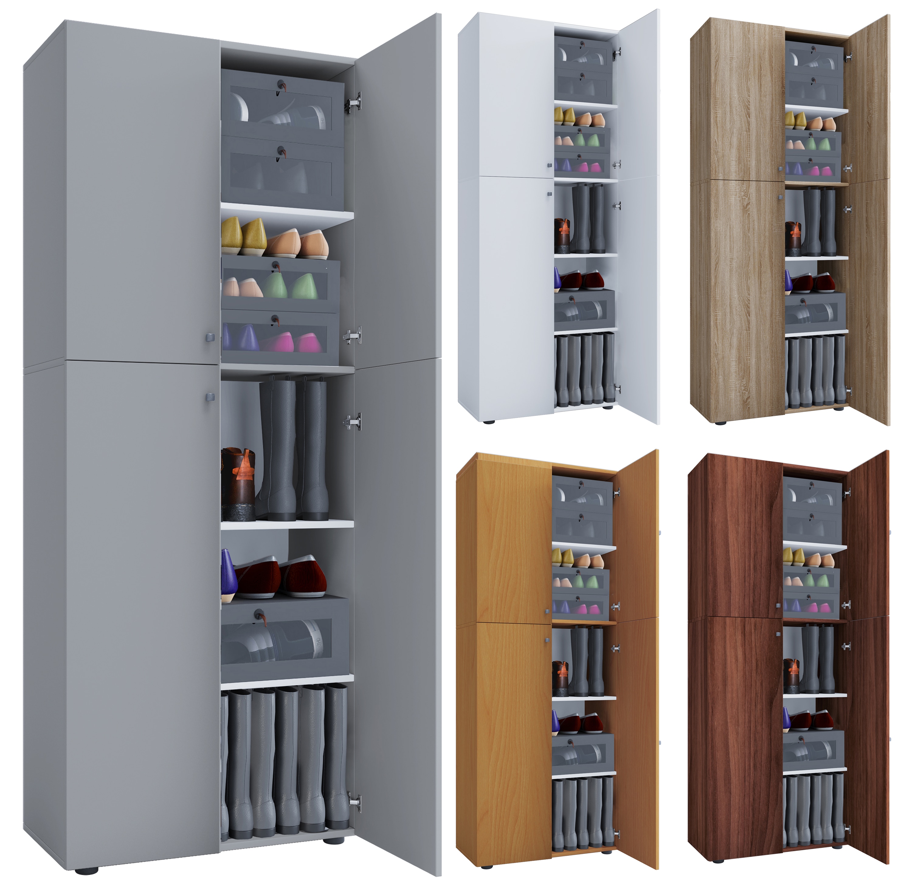 VCM Holz-Schuhschrank | Ma&szlig;e: B. 70 x H. 184 x T. 40 cm | Allzweckschrank | 5 F&auml;cher | 4 Dreht&uuml;ren - Lona - Bild 1