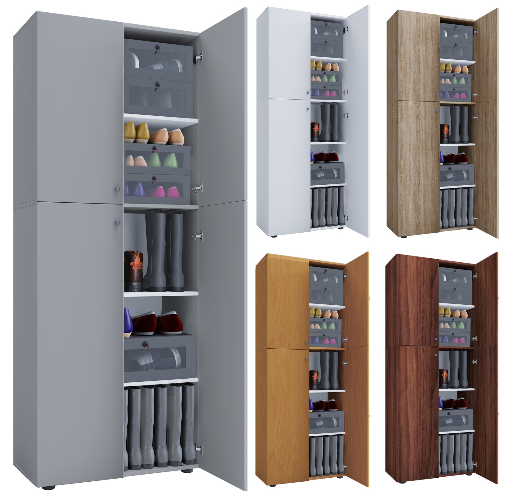 VCM Holz-Schuhschrank Maße: B. 70 x H. 184 x T. 40 cm Allzweckschrank 5 Fächer 4 Drehtüren - Lona