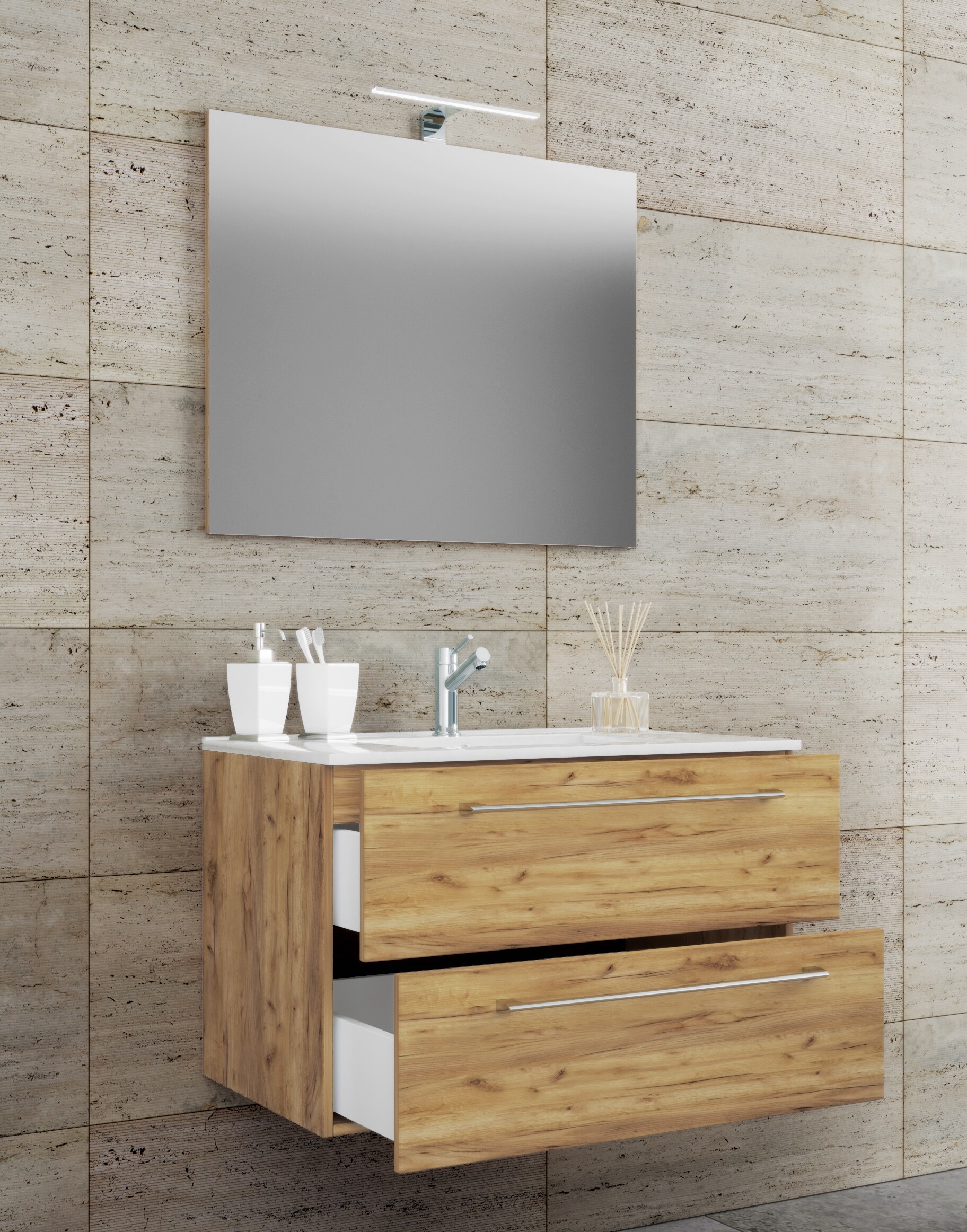 VCM 3-tlg. Waschplatz Waschtisch | Waschbecken Unterschrank Breite 60 cm | Badm&ouml;bel Set h&auml;ngend mit einer Schublade Spiegel | Badinos - Bild 1