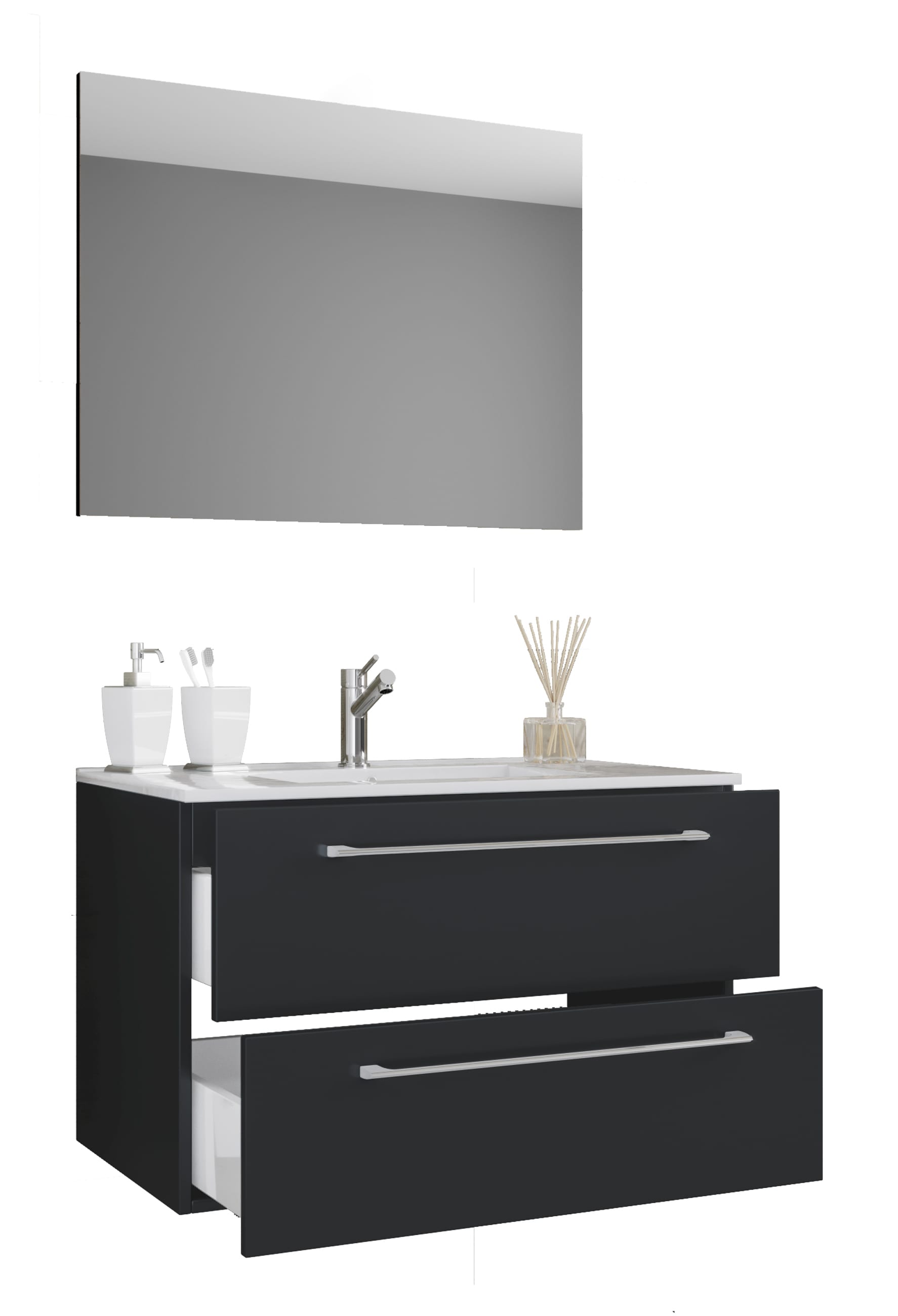 VCM 3-tlg. Waschplatz Waschtisch | Waschbecken Unterschrank Breite 80 cm | Badm&ouml;bel Set h&auml;ngend mit einer Schublade Spiegel | Badinos - Bild 1