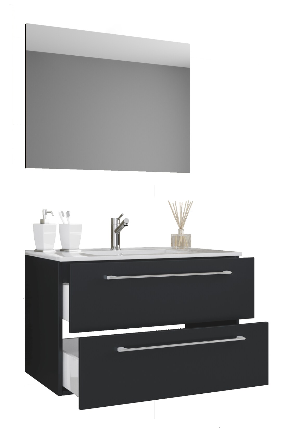 VCM 3-tlg. Waschplatz Waschtisch Waschbecken Unterschrank Breite 80 cm Badmöbel Set hängend mit einer Schublade Spiegel Badinos