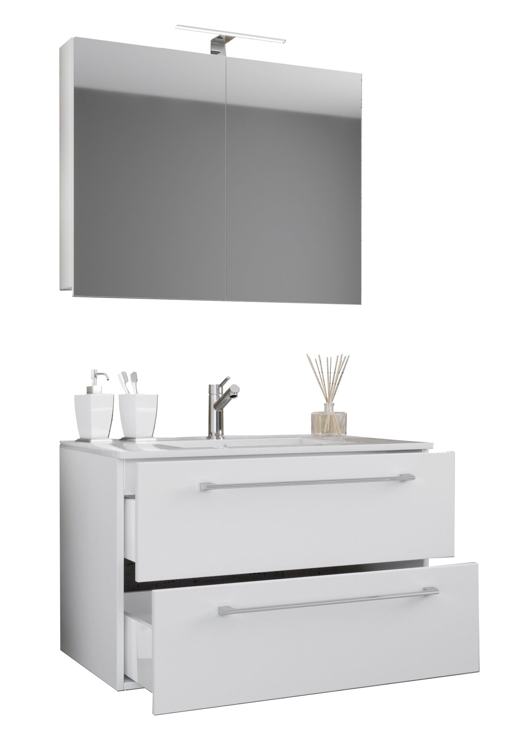 VCM 3-tlg. Waschplatz Waschtisch | Waschbecken Unterschrank Breite 60 cm | Badm&ouml;bel Set h&auml;ngend mit einer Schublade Spiegelschrank | Badinos - Bild 1