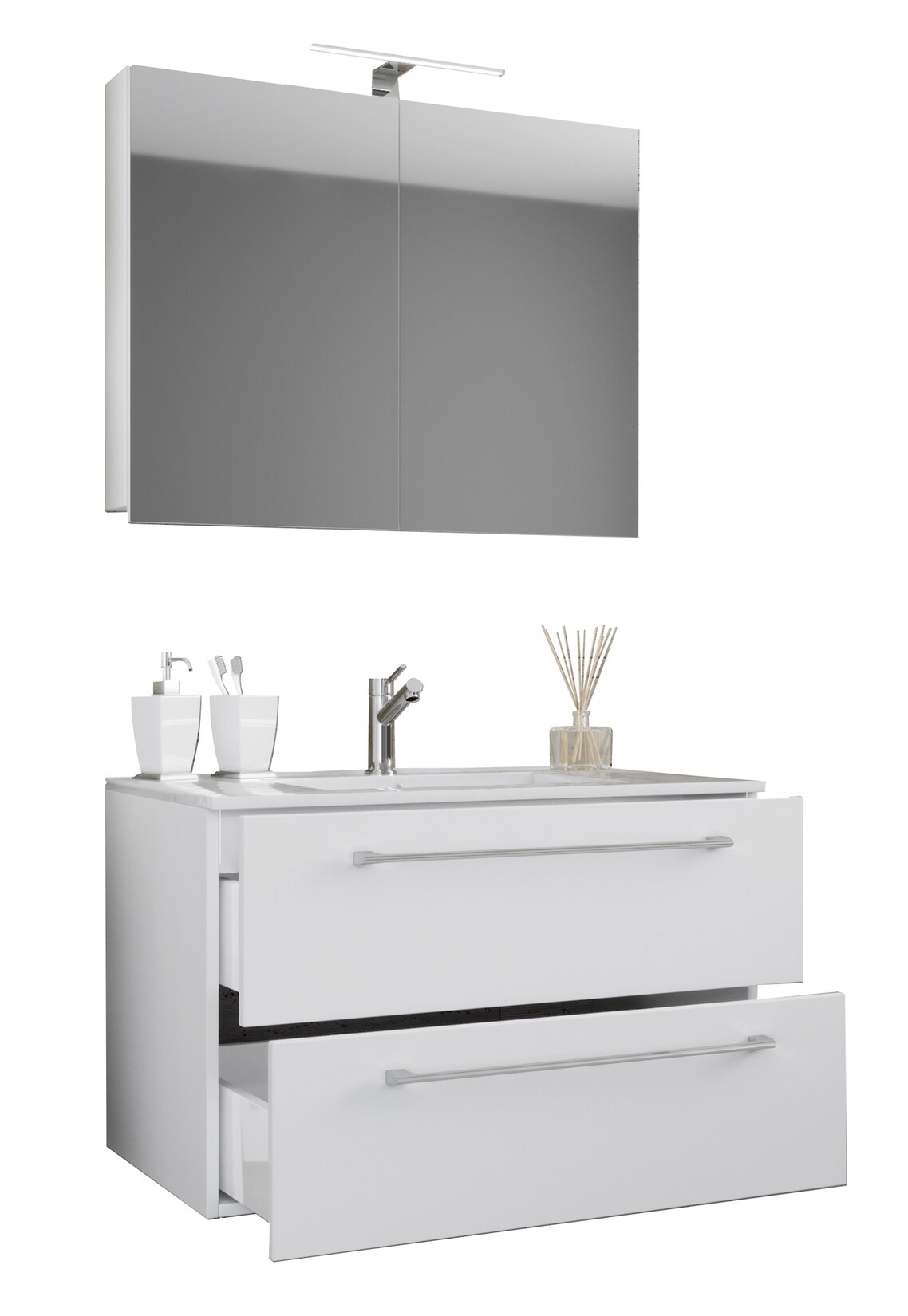 VCM 3-tlg. Waschplatz Waschtisch Waschbecken Unterschrank Breite 60 cm Badmöbel Set hängend mit einer Schublade Spiegelschrank Badinos